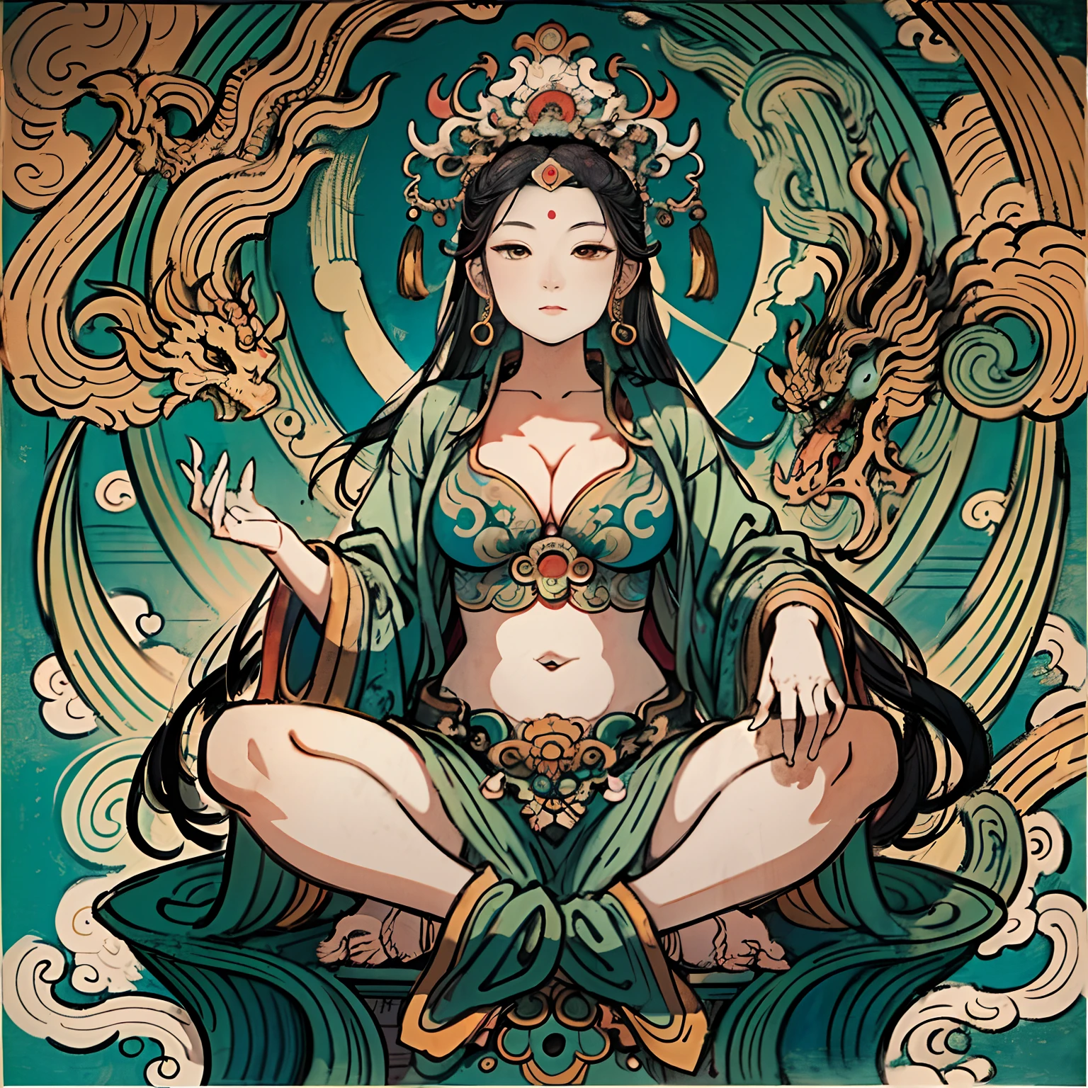 an ancient Chinese goddess, guanyin of the southern seas, Guanyin, Inspired by India, Avalokiteshvara rides a dragon,,Serene expression,shui mo hua,Buddha,Buddhist,Lotus,Chinese painting style,Thangka style