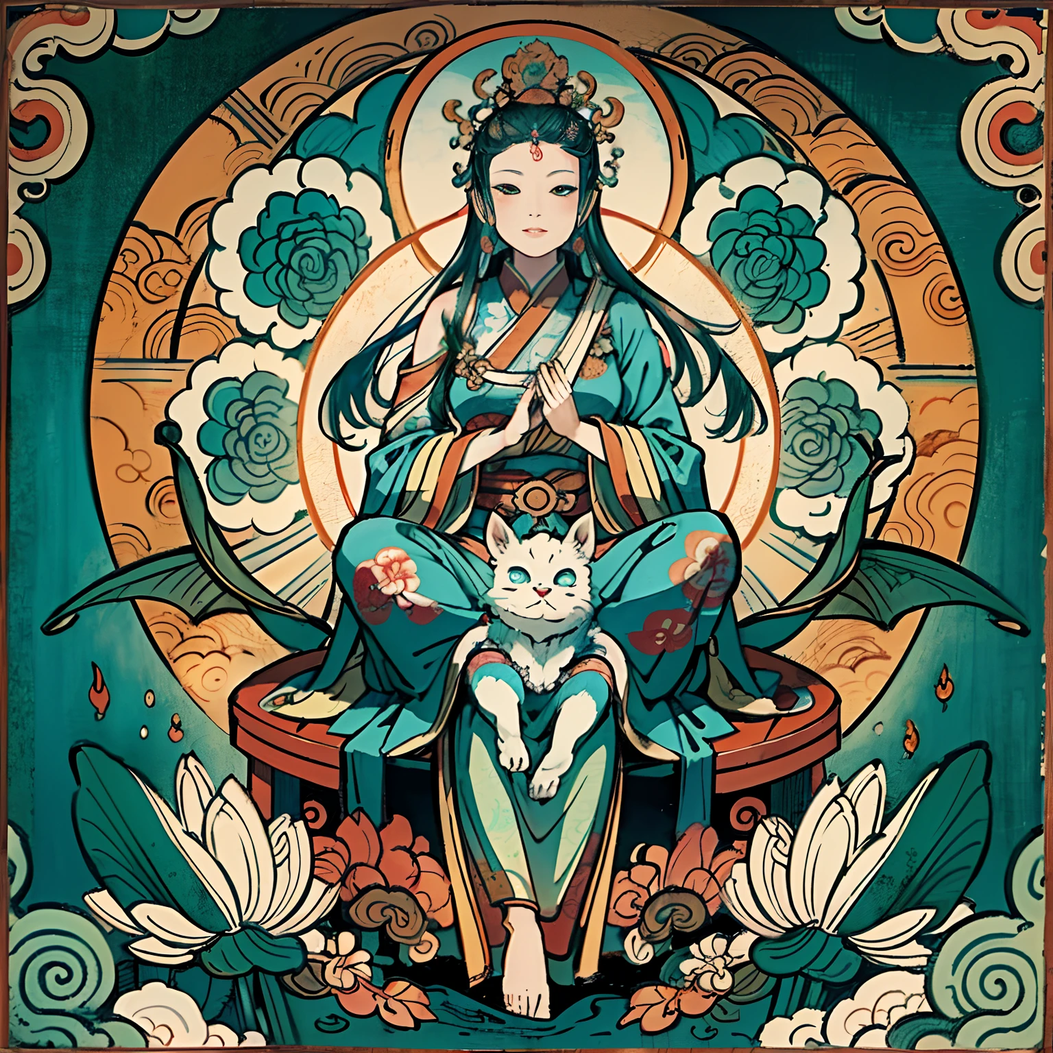 an ancient Chinese goddess, guanyin of the southern seas, Guanyin, Inspired by India, Avalokiteshvara rides a dragon,,Serene expression,shui mo hua,Buddha,Buddhist,Lotus,Chinese painting style,Thangka style