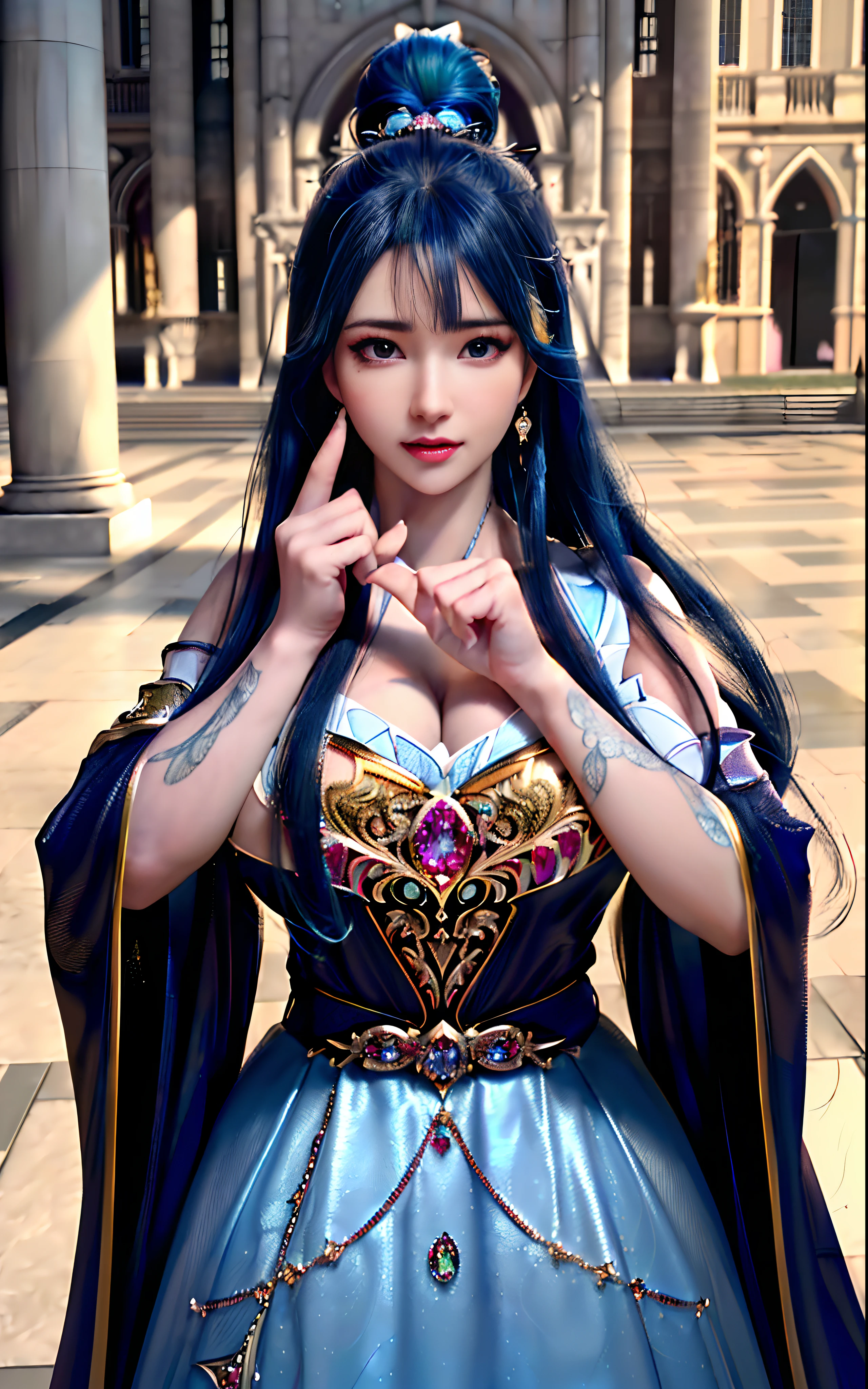 ((realisticity: 1.2)), ((realistic: 8K UHD)), ((best resolution: 8K UHD)), hyper detailed, best quality,masterpiece,highres,cg, ((1 girl hyper detailed and hyper realistic) ) , ((beautiful queen, hyper realistic and hyper detailed)),((white skin, beautiful, smooth, youthful, hyper realistic and hyper detailed )), ((Face hyper beautiful, white, hyper realistic and hyper detailed ) ), long hair, ((hyper realistic and hyper detailed dress)), solo, ((hyper realistic, hyper beautiful, beautiful and hyper detailed jewelry)), ((hyper beautiful deep red and golden yellow dress, hyper realistic and hyper detailed )) , ((Her pretty, hyper realistic, hyper detailed diamond filled earrings)), ((Her gorgeous diamond haircut, hyper realistic and hyper detailed)), ((hyper pretty upper body, hyper beautiful, hyper realistic and hyper detailed) ), ((medium breast: 1.1)), ((hyper realistic, hyper pretty, hyper detailed boobs)), ((the backgroun of the royal palace is hyper majestic, hyper realistic and hyper detailed)),((hands and palms hyper beautiful, hyper detailed, hyper realistic)), ((hyper detailed and hyper realistic fingers and fingernails)), ((hyper pretty fingernails, hyper vivid, hyper detailed, hyper realistic)), ((thumb, index finger, middle finger, ring finger, little finger hyper vivid, hyper pretty, hyper detailed, hyper realistic)),
((hyper beautiful fingers, hyper detailed, and hyper realistic)), ((posture not too fat and not too thin, hyper realistic, hyper detail)), ((hyper pretty, hyper pretty, hyper realistic and hyper detailed hair bun)), ((hyper pretty , hyper realistic and hyper detailed blue hair)), candid, Photo, high resolution, 8k , bokeh,