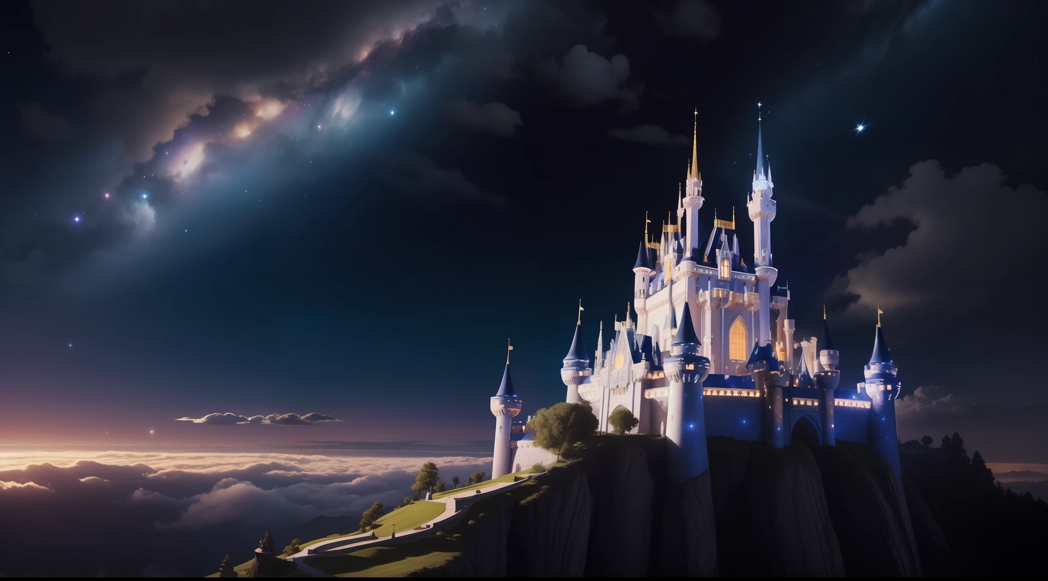 Magical castle on top of planet earth, magic castle, with magical effect, Magic Clouds, Realistic, foco nos detalhes, Estrelas cadentes voando sobre o castelo, Estilo do castelo da Disney, Ultra HD |, cinemactic, com fontes e cachoeiras caindo do castelo, Castle flying over the galaxies, magical galaxies, best quality.