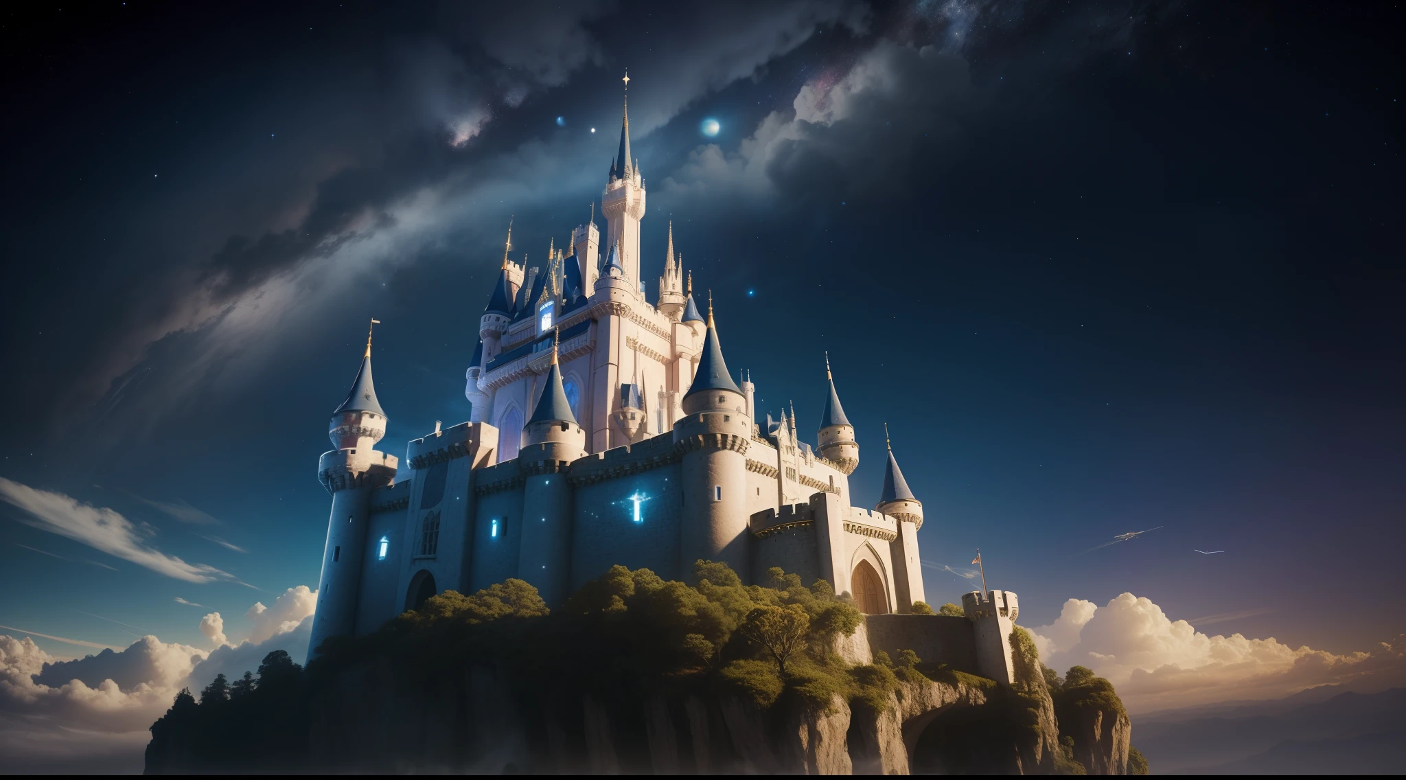 Magical castle on top of planet earth, magic castle, estilo de capa de filme, with magical effect, Magic Clouds, Realistic, foco nos detalhes, castelo sobre o planeta, Estrelas cadentes voando sobre o castelo, Estilo do castelo da Disney, Ultra HD |, cinemactic , com fontes e cachoeiras caindo do castelo, Castle flying over the galaxies, magical galaxies, best quality.