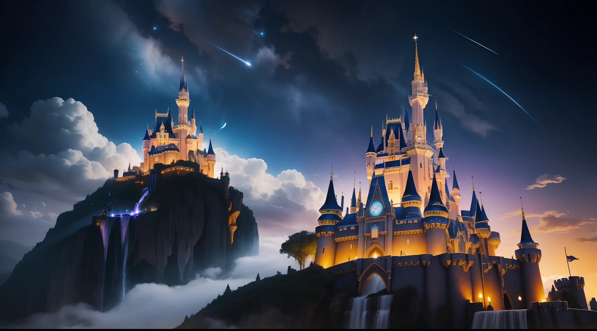 Magic castle on top of planet earth, magic castle, film cover style, with magic effect, magic clouds, realistic, focus on details, castle over planet, shooting stars flying over castle, Disney castle style, ultra HD, cinematic , with fountains and waterfalls falling from the castle, castle flying over the galaxies, magical galaxies, best quality.