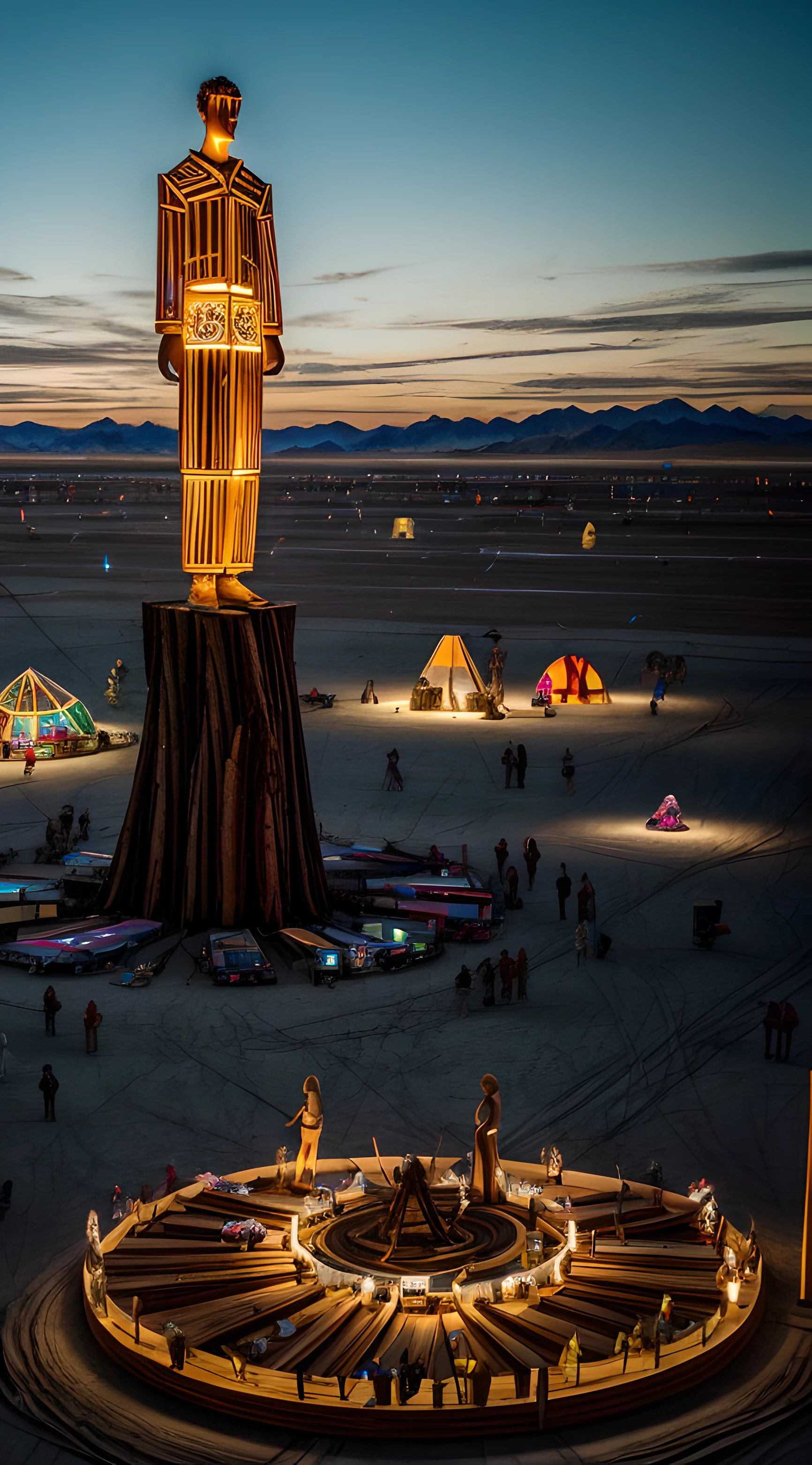 8k masterpiece, best quality:1.2), ultra high definition, photorealistic, tens of thousands of people gather in Nevada’s Black Rock Desert to create Black Rock City, a temporary metropolis dedicated to community, art, self-expression, and self-reliance. In this crucible of creativity, all are welcome, burning man festival, black rock desert, black rock mountains in the background, monolithic structures of (ingenious futuristic art:1.2) otherworldly, metal, wood, glass, fabric, art sculptures scattered over the huge festival area, the cartwheel pattern micro city of campers and festival attractions encompasses a central 90 feet tall wickerman:1.4, flames are billowing out from a burning man sculpture, burning man, burning man nevada, amazing fire art, giant sculpture, style blend of burning man, body made of fire, breath taking, all face covered with a fire, dramatic artwork, absolutely outstanding image, stunning art, head exploding, large flames, fire tornado, BREAK art performers, (bizarre vehicles:1.3), (hedonistic:1.3) ambience, free spirit attitude, hippy vibe, intricate details of art installations, highly detailed art sculptures,