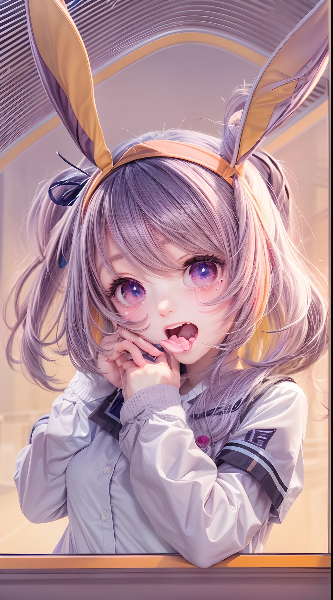 multicolored hair, double tails, orange hairband, Tears, Purple eyes, Sad, Rabbit ears, mouth hold, Yandere, futurism, Silhouette, viewfinder, From above, Sony FE GM, hyper HD, Anatomically correct,Pink school uniform