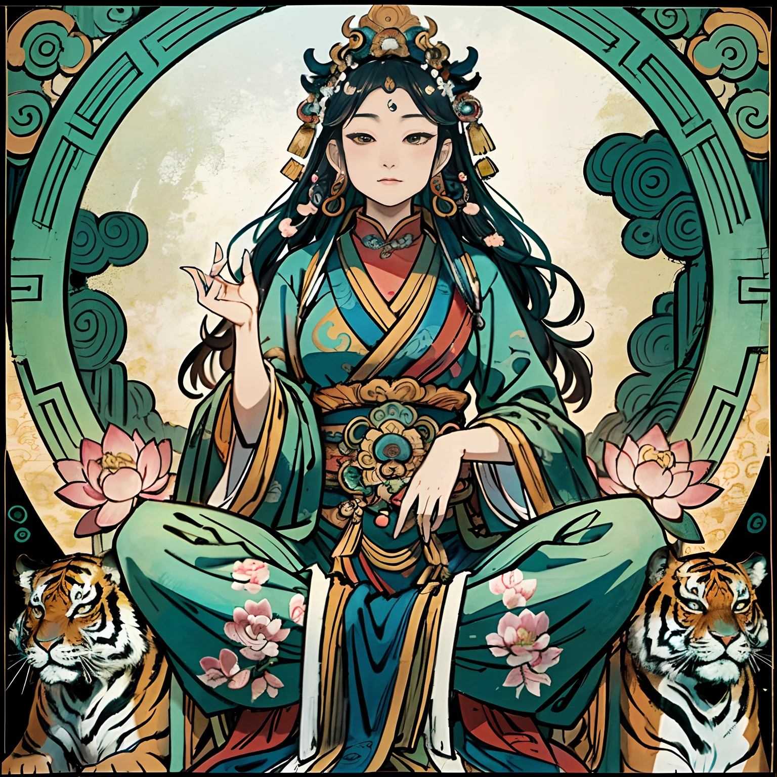 an ancient Chinese goddess, guanyin of the southern seas, Guanyin, Inspired by India, Avalokiteshvara rides a tiger，,Serene expression,shui mo hua,Buddha,Buddhist,Lotus,Chinese painting style,Thangka style