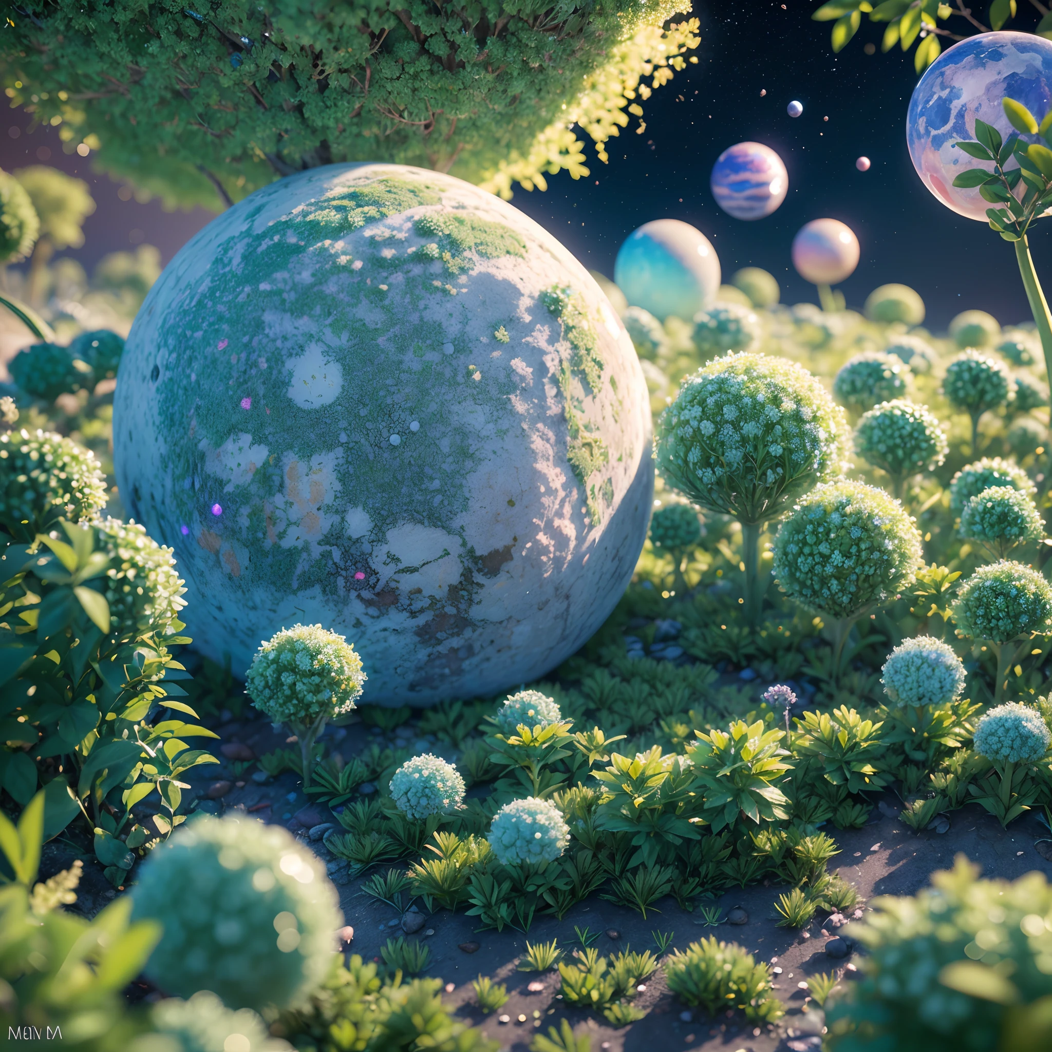 depth of field, human colony on unknown planet, clean white structures, bright vibrant colored vegetation, bioluminescent plants, hyperrealism, highly detailed, insanely detailed, lush detail, filigree, intricate, crystalline, global illumination, cosmonaut, LSD, lens flare, (tiny planets on the ground:1.4)