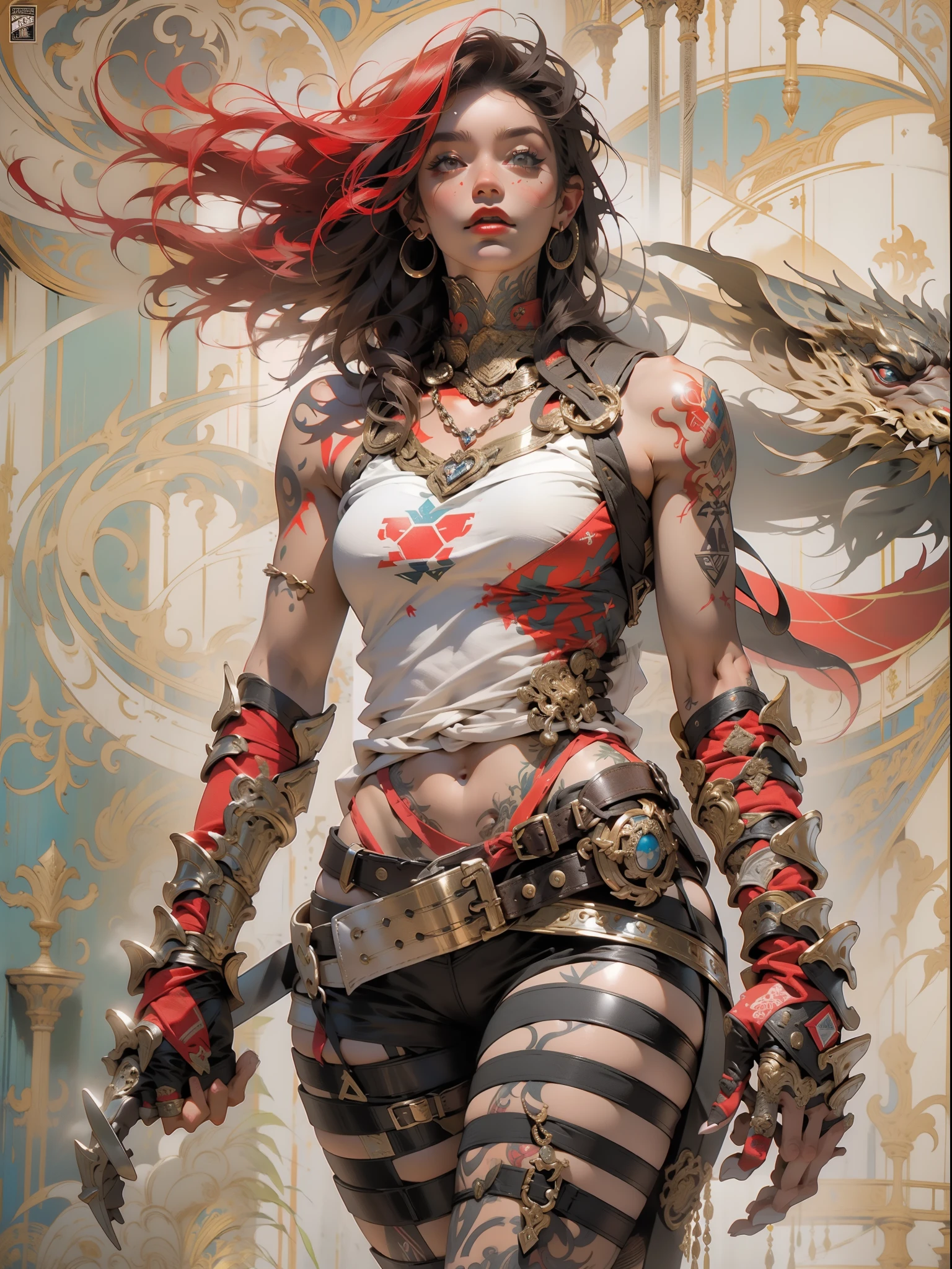 (((mulher))), (((melhor qualidade))), (((obra prima))), (((adulta))), Uma guerreira mulher de 35 anos com corpo perfeito, Brooklyn Gladiators, (( under boobs )), Croatia flag, quase nua no estilo selvagem urbano de Simon Bisley para a capa da revista Heavy Metal, cabelo loiro, Minimum clothing, red and white checkered pattern, armadura, cheio de pontas e rebites, tatuagem tribal, (((do joelho pra cima))), cabelo desalinhado