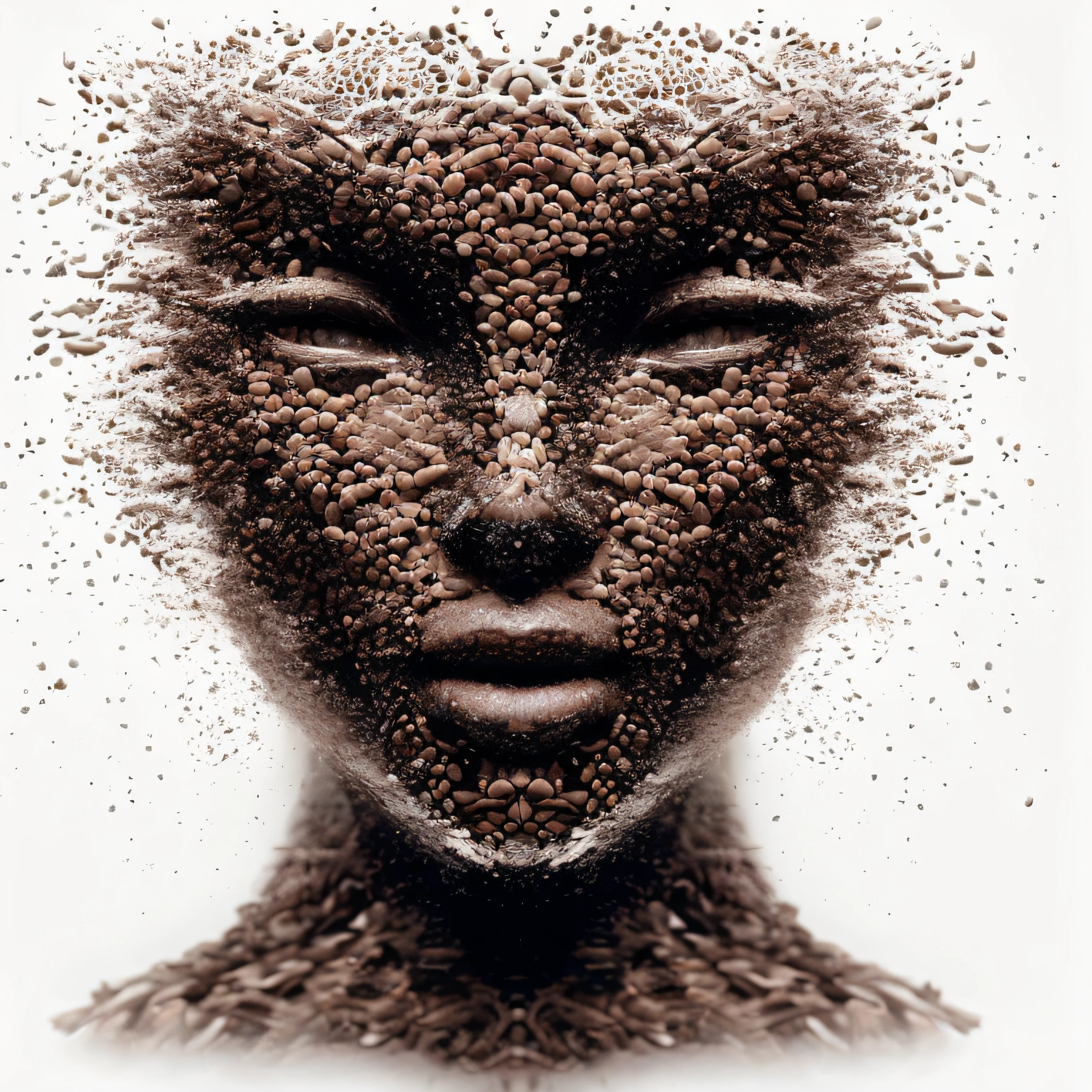 A closeup of an android robot with a face made of coffee beans, inspirado em Igor Morski, face fractal, machine parts embedded into face, symmetrical vogue face portrait, rosto intrincado, symmetical face, symmetrical face portrait, retrato humanoide, face abstrata, face hiperdetalhada, symmetrical beautiful human face, retrato abstrato, Arte digital alucinante