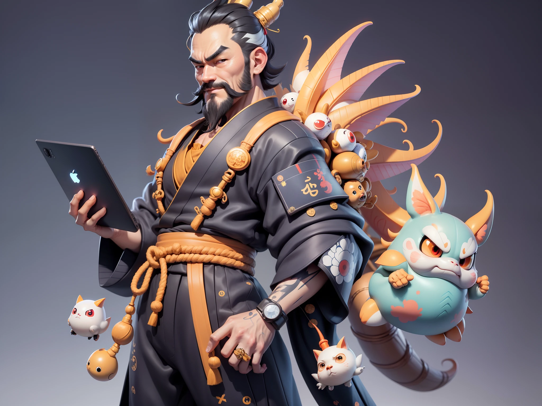 (Daisaku),(Need),(Super meticulous),(full bodyesbian:1.2),Japanese ukiyo-e girl,japanese geisha,Beautiful,Oriental dragon,Aeolian Thor,Raised sexy,爆乳,Oriental face,TV Anchor,Bust portrait illustration,Alone,In black suit,a blue tie,The face is slightly chubby,The face was clean,without a beard,Black super short hair,Black eyes,Smile confidently,3C computer sub-products,iPad, iphone,Digital painting,3D character design by Mark Clairen and Pixar and Hayao Miyazaki and Akira Toriyama,The illustration is a high-definition illustration in 4K resolution,With very detailed facial features and cartoon-style visuals。