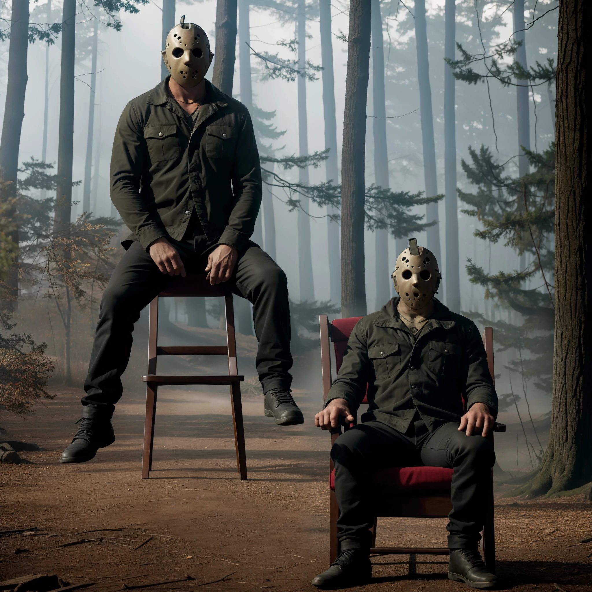 Jason Voorhees sitting in a chair in a side position, imagem detalhada,Full HD,