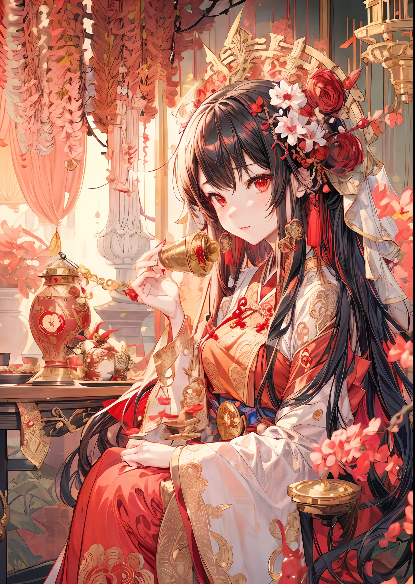 anime girl in a red dress sitting in a chair with a lamp, palace , a girl in hanfu, guweiz, kawacy, artwork in the style of guweiz, trending on artstation pixiv, alphonse mucha and rossdraws, trending on cgstation, high detailed official artwork, guweiz on pixiv artstation