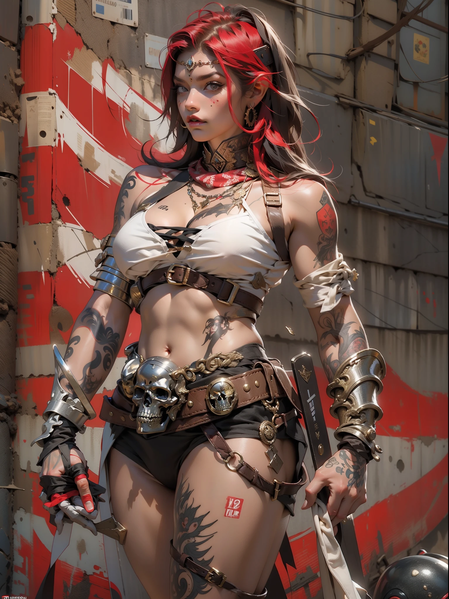 (((mulher))), (((melhor qualidade))), (((obra prima))), (((adulta))), Uma guerreira mulher de 35 anos com corpo perfeito, Brooklyn Gladiators, (( under boobs )), quase nua no estilo selvagem urbano de Simon Bisley para a capa da revista Heavy Metal, cabelo loiro, Minimum clothing, red and white checkered pattern, armadura, cheio de pontas e rebites, tatuagem tribal, (((do joelho pra cima))), cabelo desalinhado