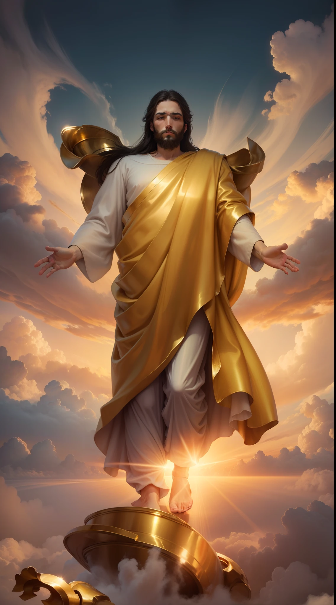 Jesus Christ standing on the clouds of heaven, his feet are like gleaming brass