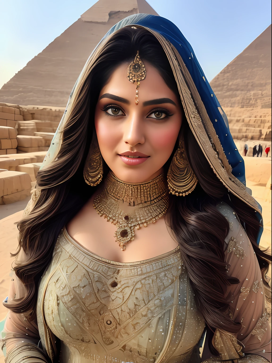 closeup portrait of a 25 year most beautiful very busty women standing in front of pyramid of giza, hd details of award show,HD makeup,hd details,hd render,realistic,hyper realistic,photograph,wearing a extreme embroidery pakistani traditional wedding dress with face veil,use multiple variations and color,create perfect sitting details,(full body view)(very tight shirt and fully torn jeans)(huge breast)(large breast)(round breast)