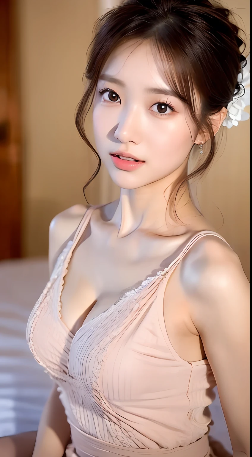 ​masterpiece、Top image quality:1.2、((beautiful young woman with))、Transparent skin:1.2、{A slight smil}、(kawaii)、Luxury beds、bra very、depth of fields、Leaning down and showing your armpits、Beautiful armpits、selfee