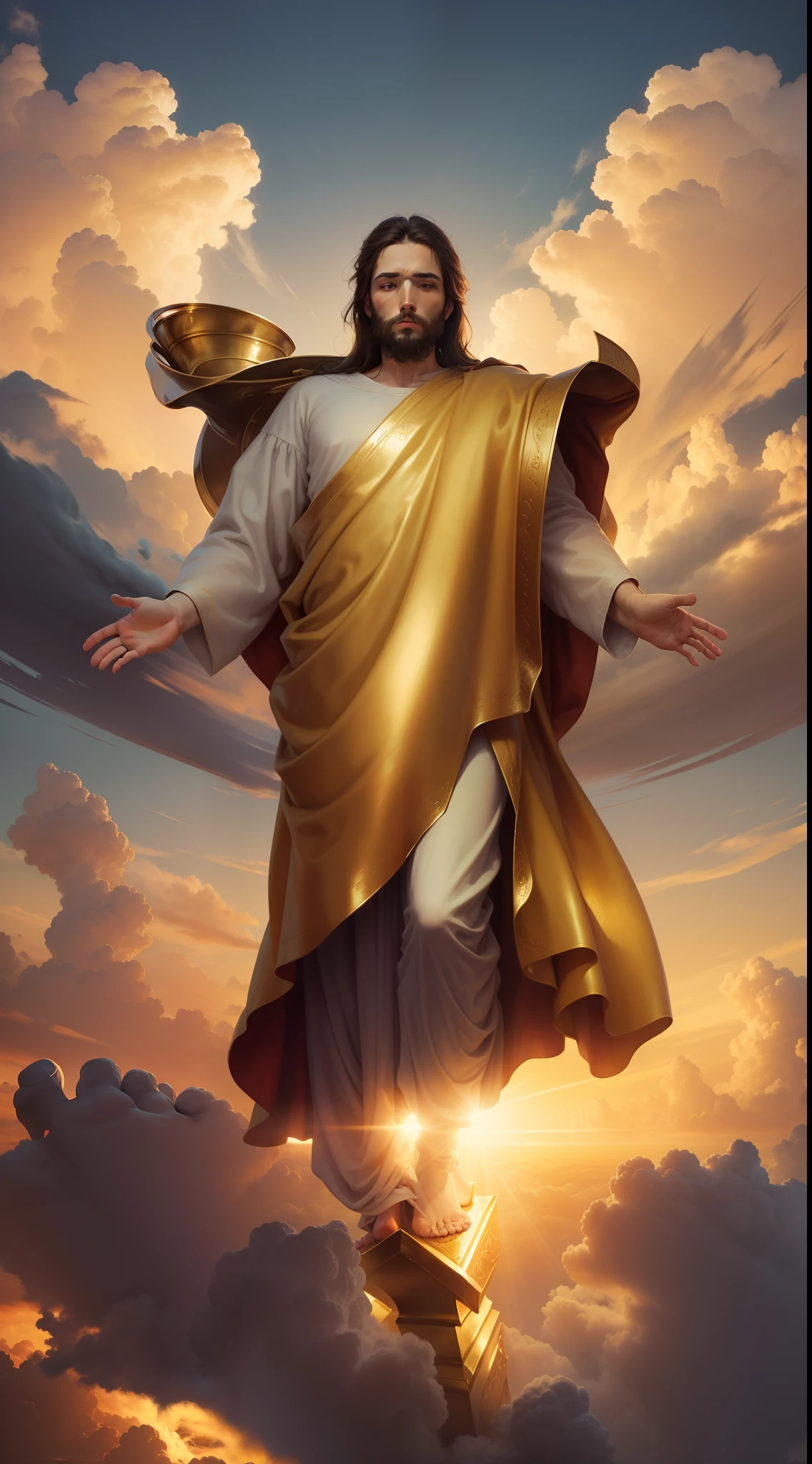 Jesus Christ standing on the clouds of heaven, his feet are like gleaming brass