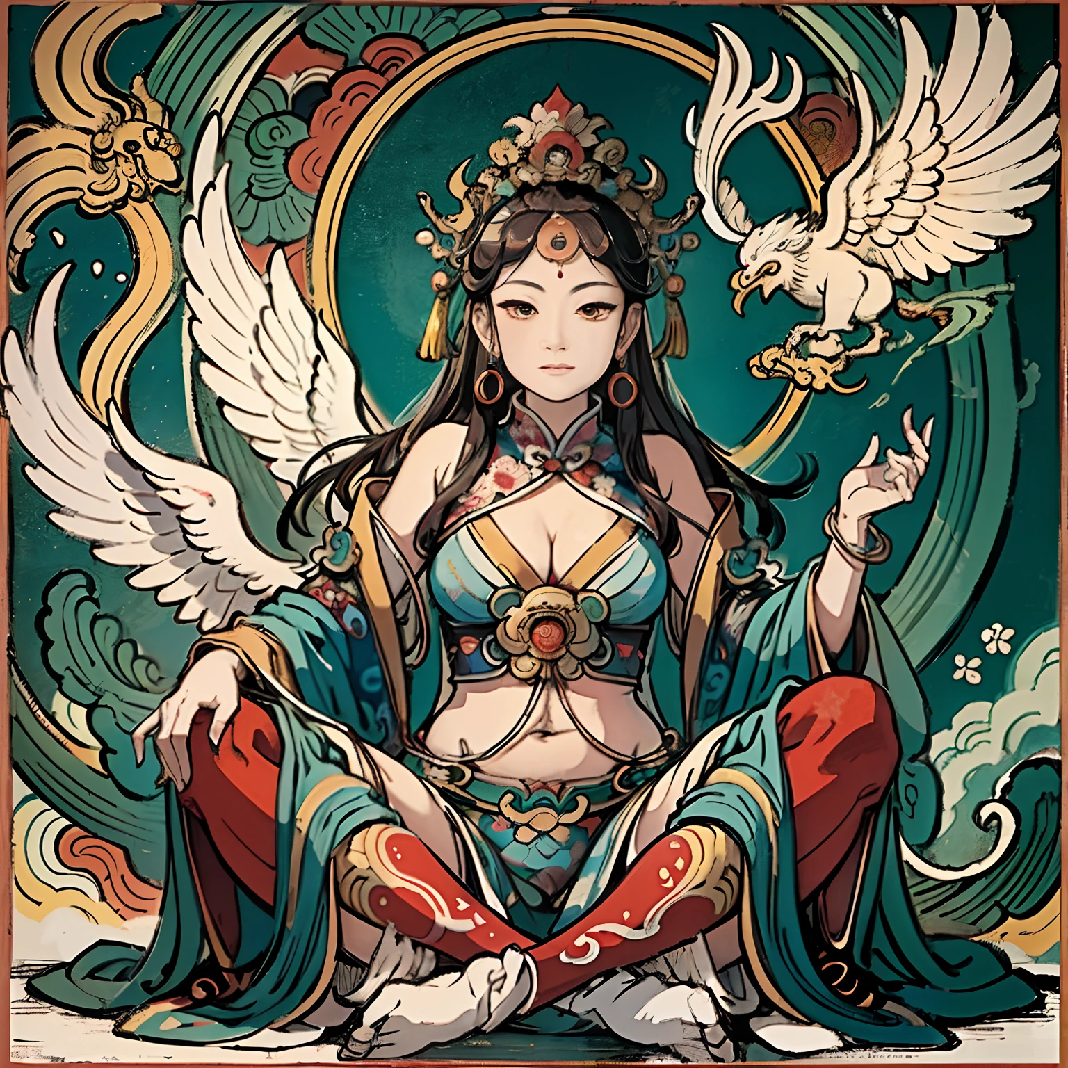 an ancient Chinese goddess, guanyin of the southern seas, Guanyin, Inspired by India, Avalokiteshvara rides a phoenix,,Serene expression,shui mo hua,Buddha,Buddhist,Lotus,Chinese painting style,Thangka style