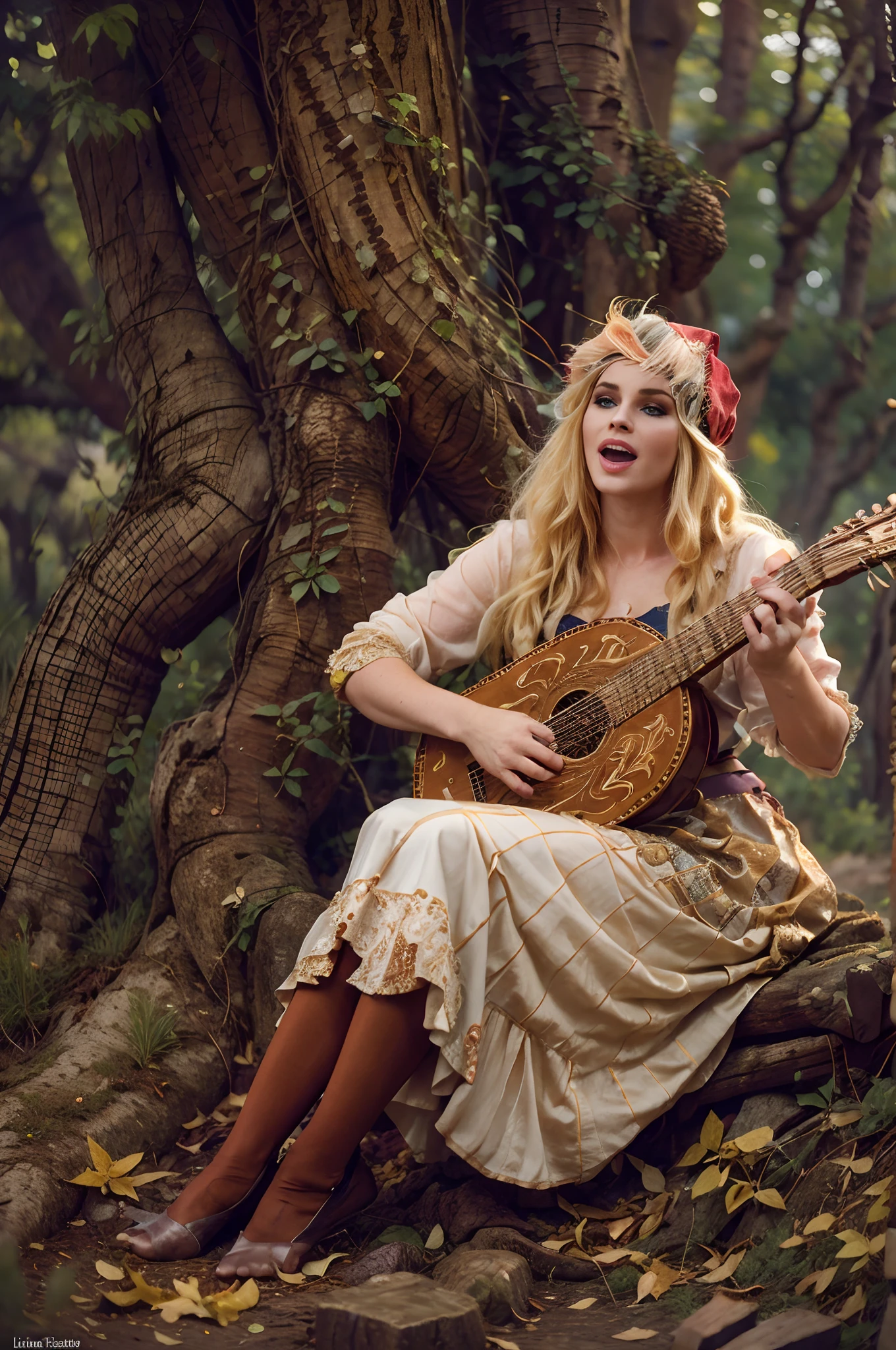 the essence of a beautiful female bard with meticulous attention to detail, this scene portrays a solo enchantress with cascading long hair, an open mouth singing tales of old. Her blonde hair shimmers beneath a charming red hat as she sits gracefully upon a rustic tree stump, fingers gracefully strumming a lute, weaving melodies that stir the soul, huge breasts, (beautiful stockings with garter belts:1.4)