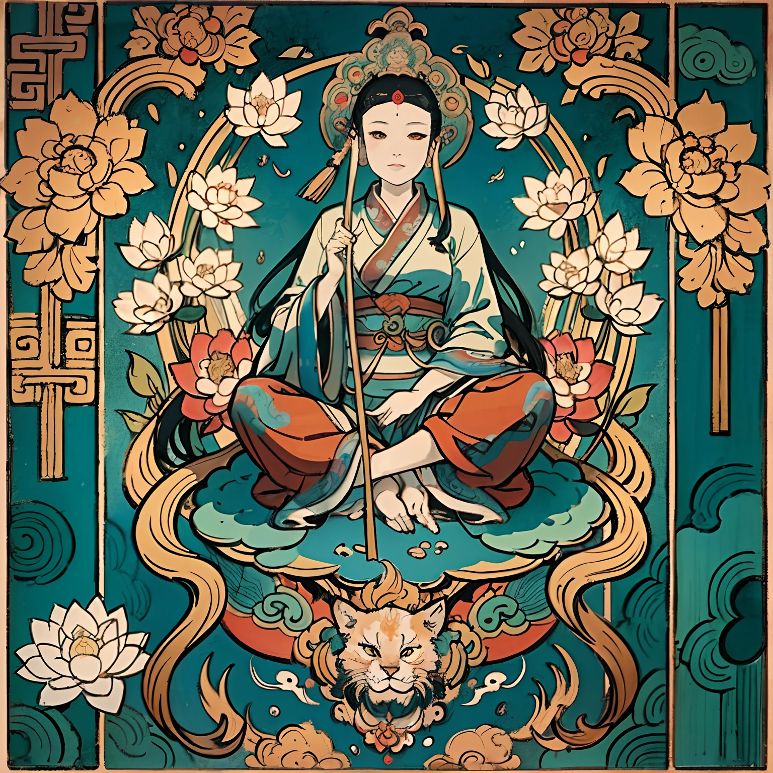 an ancient Chinese goddess, guanyin of the southern seas, Guanyin, Inspired by India, Avalokiteshvara rides a phoenix,,Serene expression,shui mo hua,Buddha,Buddhist,Lotus,Chinese painting style,Thangka style