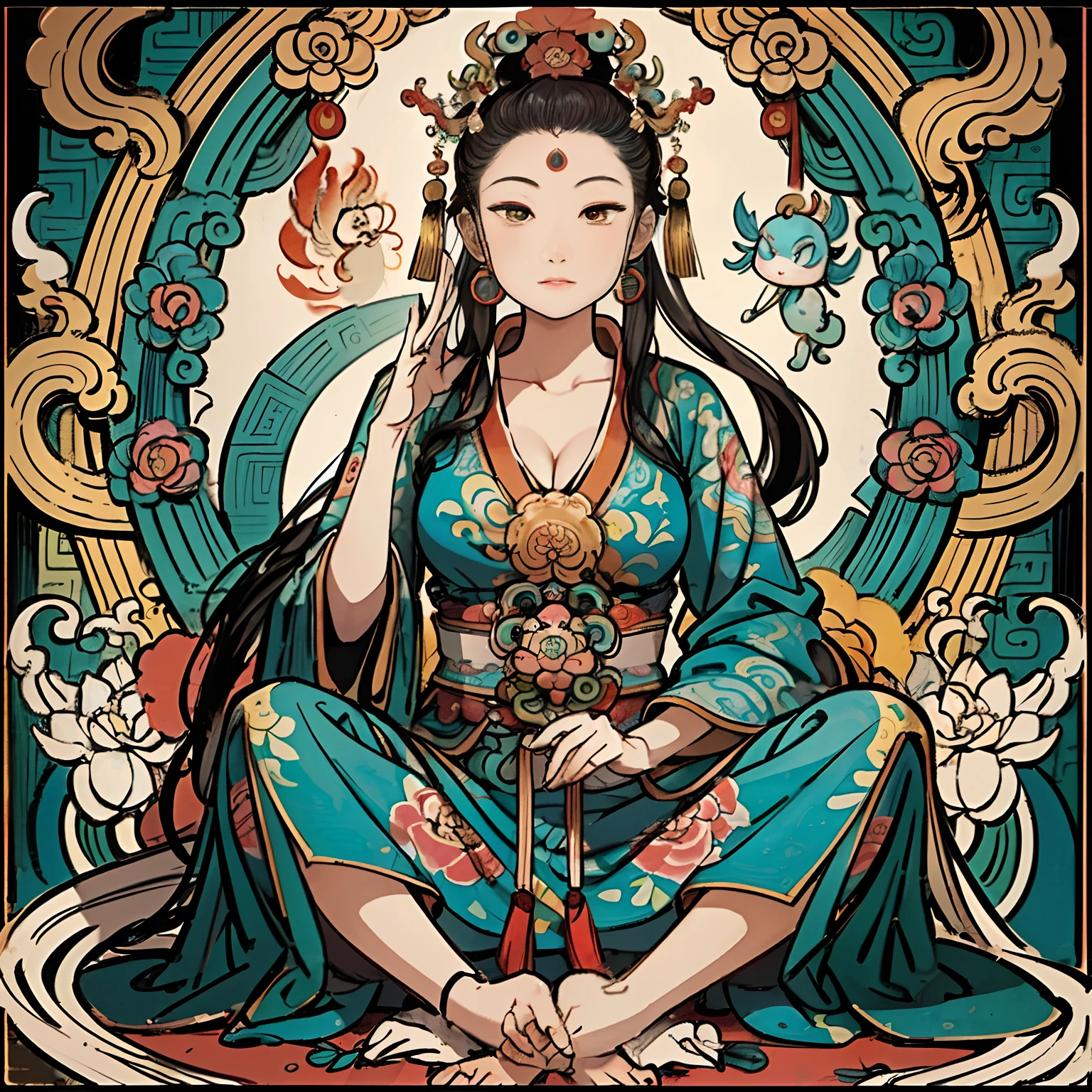an ancient Chinese goddess, guanyin of the southern seas, Guanyin, Inspired by India, Avalokiteshvara rides a phoenix，,Serene expression,shui mo hua,Buddha,Buddhist,Lotus,Chinese painting style,Thangka style