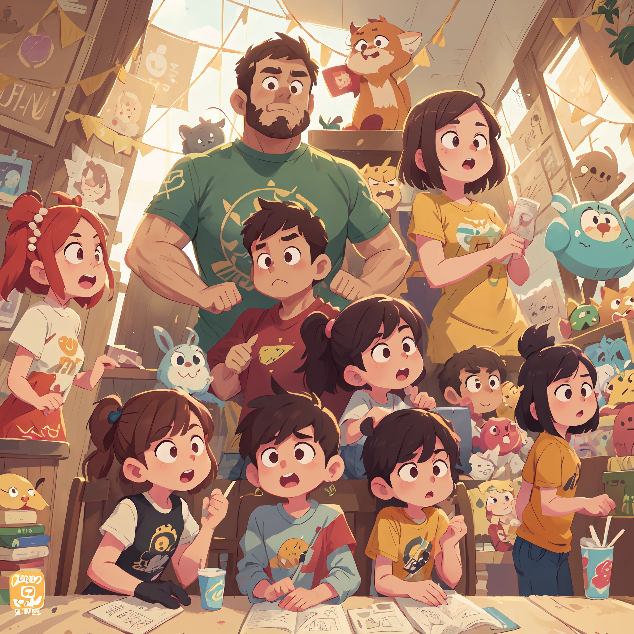 perpective, 8k high quality wallpaper of various cartoon franchise characters in a movie cover: (garotinhos musculosos filhos de um homem e uma mulher jovem numa casa afastada das cidades
