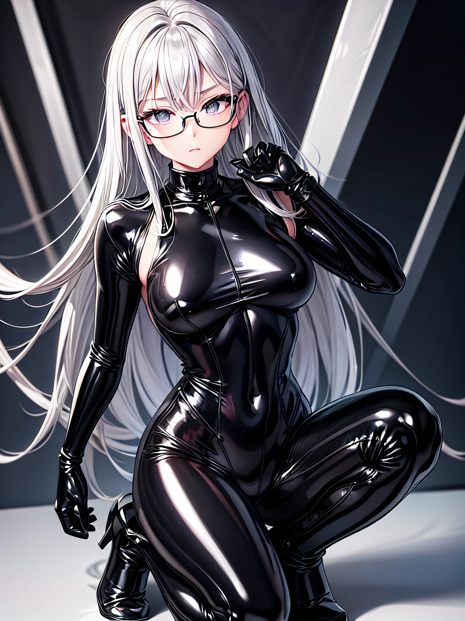 5 8K UHD、Silver-haired and small-nosed beauty in a black shiny black full-body rider suit wearing glasses squatting with her crotch wide open、Wearing a shiny black latex slider suit with hidden skin、Shiny black latex slider suit、Expressionless and upward-eyed beauty with a small nose