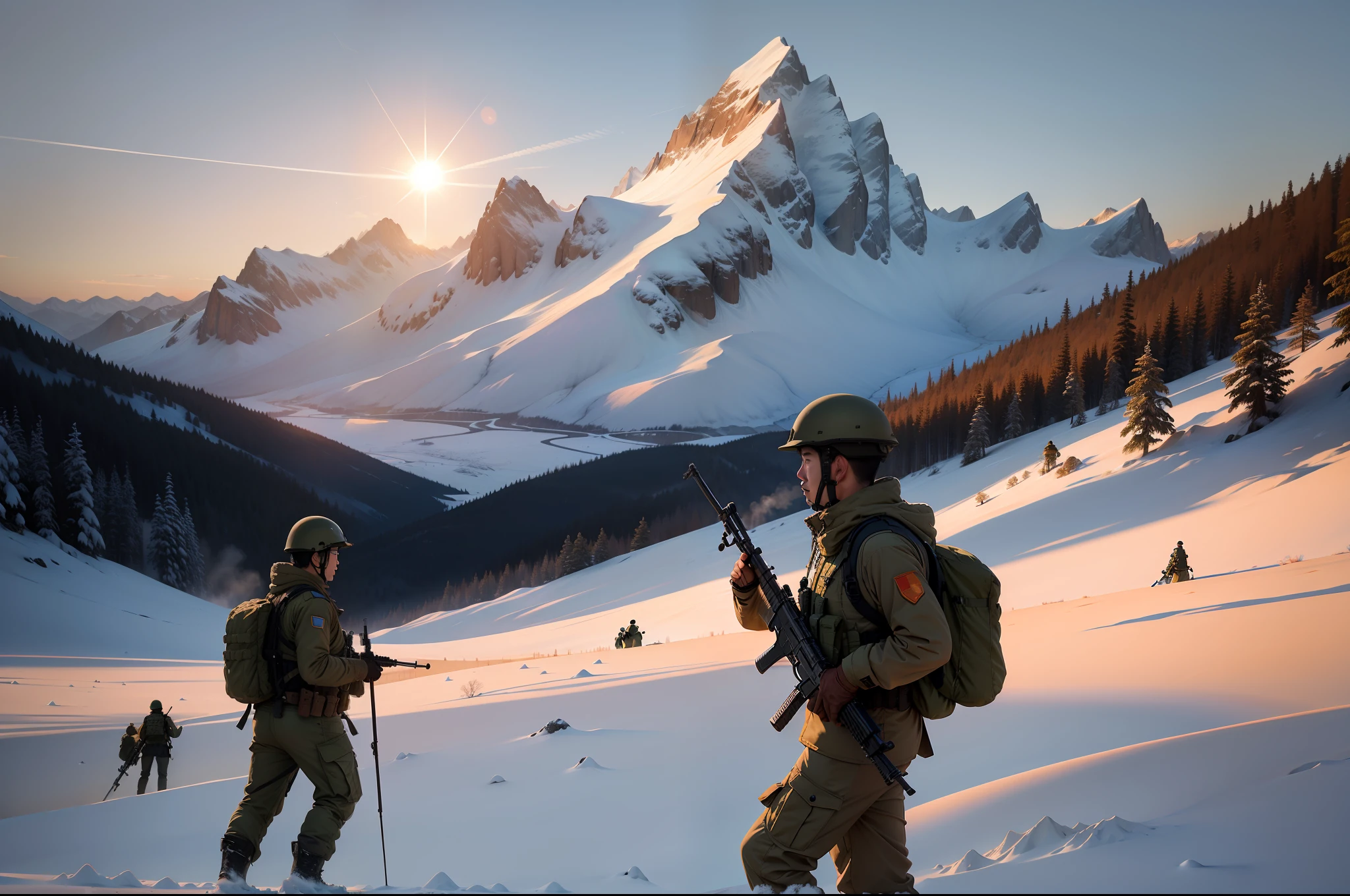 Big Sun,snow mountains,rios,A group of PLA patrol soldiers armed with assault rifles on our country's frontier,realisticlying,Extreme picture quality