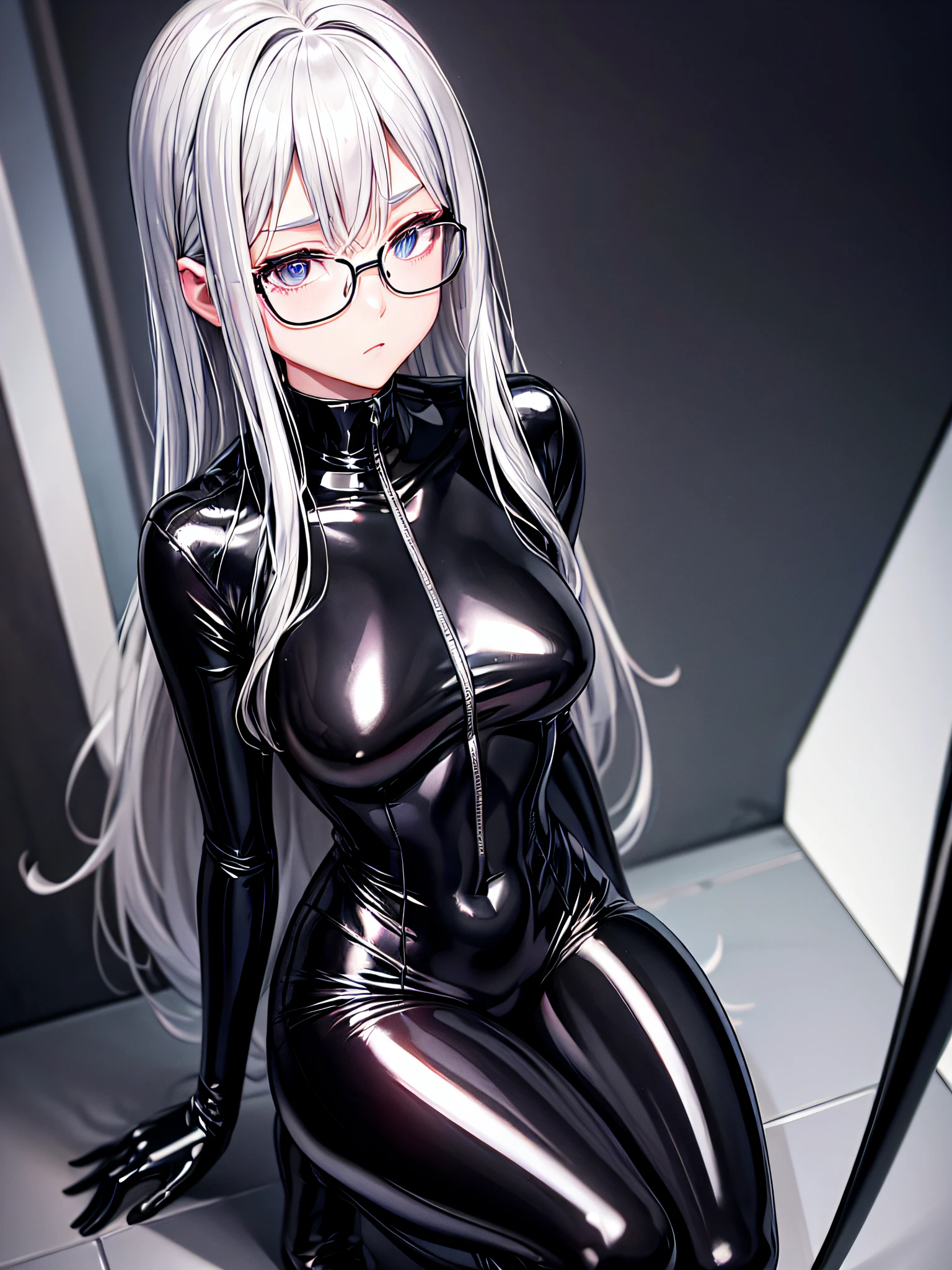 5 8K UHD、Silver-haired and small-nosed beauty in a black shiny black full-body rider suit wearing glasses squatting with her crotch wide open、Wearing a shiny black latex slider suit with hidden skin、Shiny black latex slider suit、Expressionless and upward-eyed beauty with a small nose