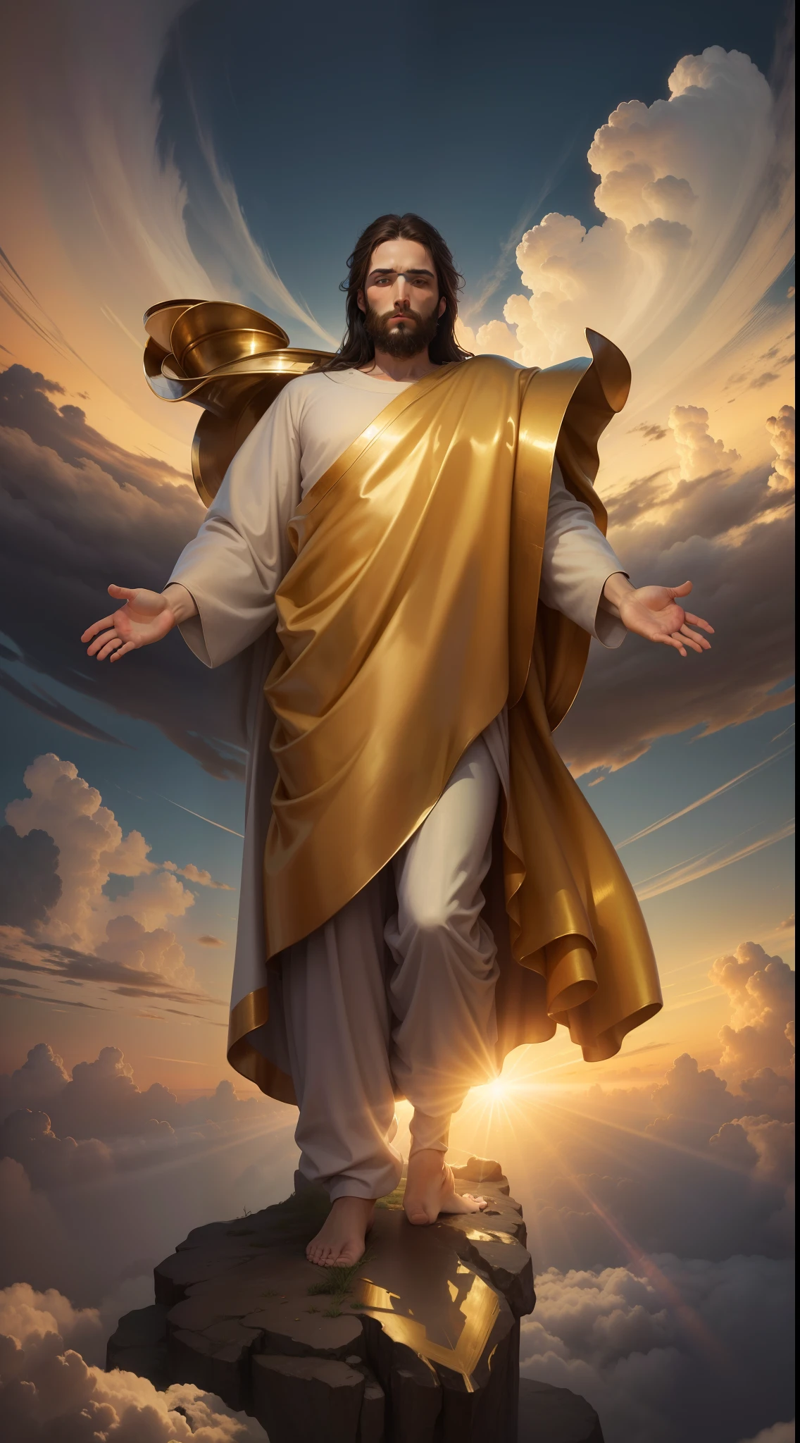 Jesus Christ standing on the clouds of heaven, his feet are like gleaming brass