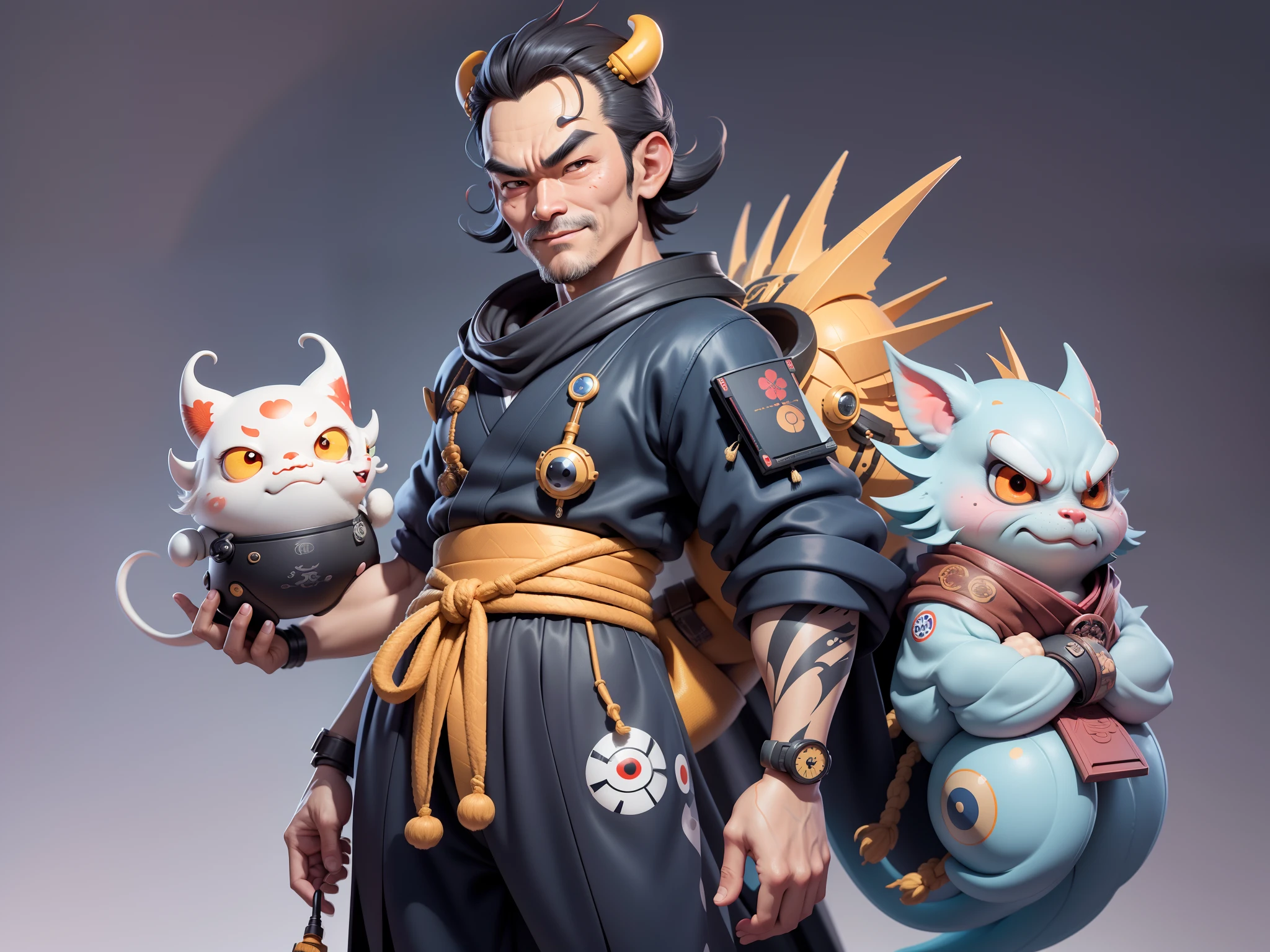 (Daisaku),(Need),(Super meticulous),(full bodyesbian:1.2),Super young man with Japanese geisha,Beautiful,Oriental dragon,Aeolian Thor,Raised sexy,爆乳,Oriental face,TV Anchor,Bust portrait illustration,In black suit,a blue tie,The face is slightly chubby,The face was clean,without a beard,Black super short hair,Black eyes,Smile confidently,3C computer sub-products,iPad, iphone,Digital painting,3D character design by Mark Clairen and Pixar and Hayao Miyazaki and Akira Toriyama,The illustration is a high-definition illustration in 4K resolution,With very detailed facial features and cartoon-style visuals。