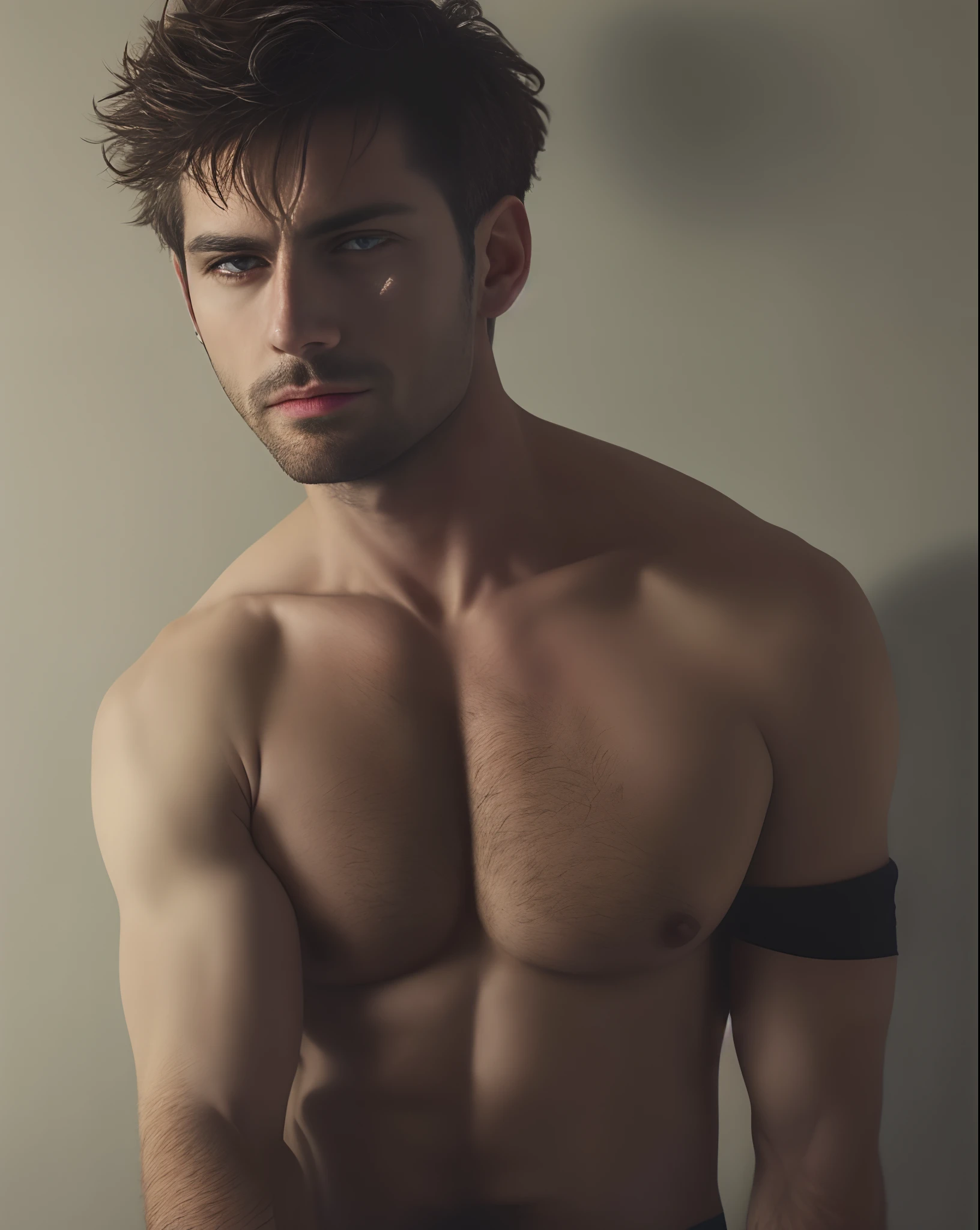 Best quality, masterpiece, ultra high resolution, (photorealistic:1.5), raw, 1 guy, off shoulder, in dark, deep shadow, low light, cold light, manly look, Short Hair