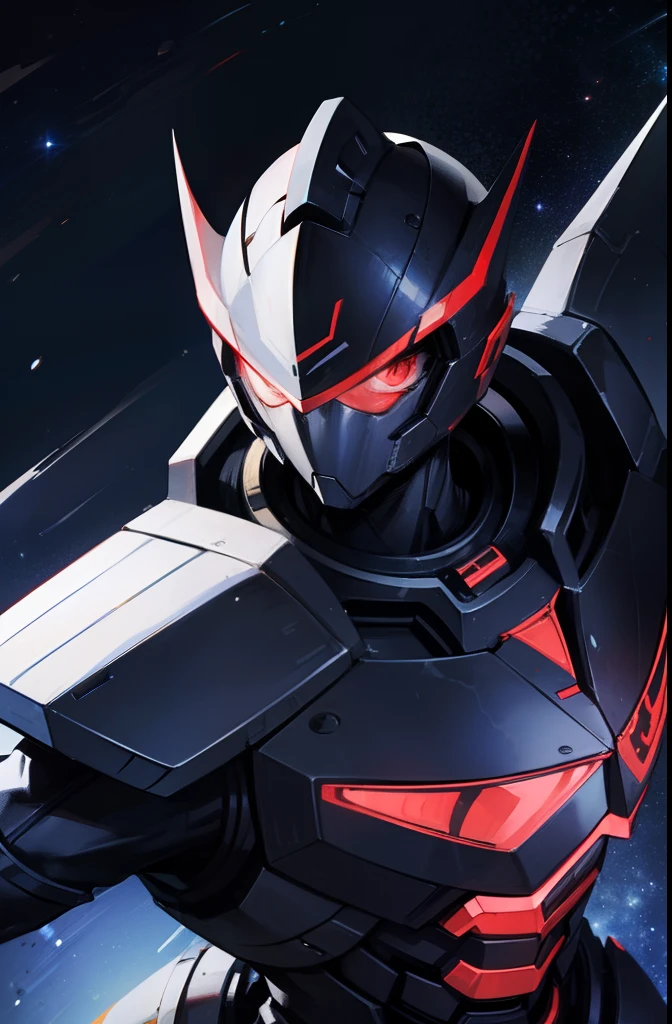 1boy, psycho ranger, black and silver armor, space background, big robot, spaceship head, red and blue color paint.