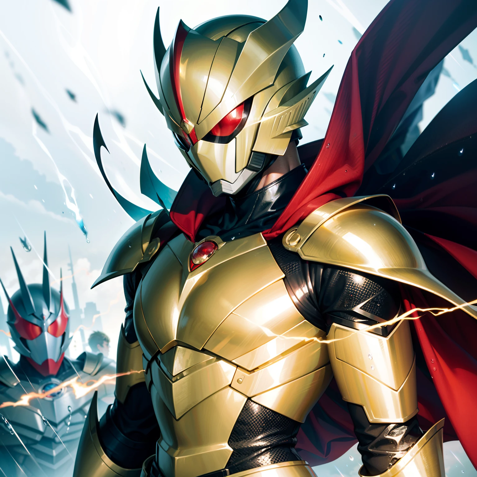 Stable diffusion image of a high-definition masterpiece:male people,Kamen Rider wears mechanical armor,Eyes sparkling red,Side close-up,The cloak flutters,Magical power surrounds,The flame of the right arm burns,Raindrops fall,The atmosphere of sadness is strong,Show powerful domineering destructive power。