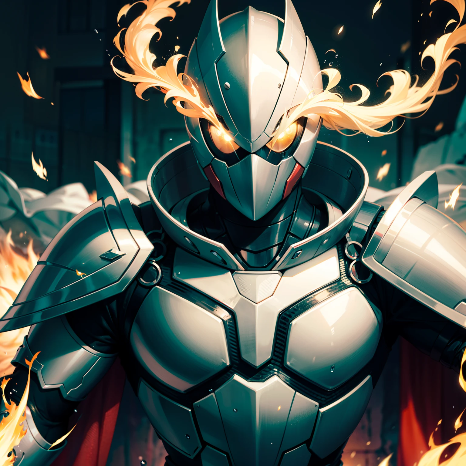 Stable diffusion image of a high-definition masterpiece:male people,Kamen Rider wears mechanical armor,Eyes sparkling red,Side close-up,The cloak flutters,Magical power surrounds,The flame of the right arm burns,Raindrops fall,The atmosphere of sadness is strong,Show powerful domineering destructive power。