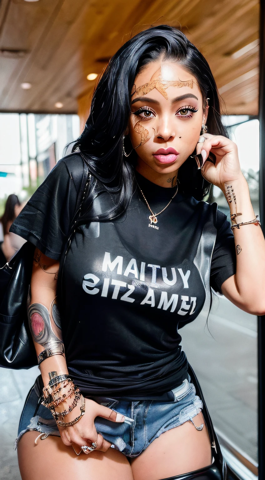 (((8k, best quality, masterpiece:1.2))), (realistic, photo-realistic:1.37), Ultra-detailed, a close up of a Melaninated Caramel skin ebony woman with a tattoo on her arm Taking a Instagram Selfie at the mall food court with a friend(((Looks like a mix of Dope celebrity females Eva Mendez, Lauren London, Shakira, Ashcash, Danielle Bregoli Bhad Bhabie Hairstyle, Female Rapper Latto, Rubi Rose, RENNI RUCCI))), (((( Luxury Designer Blank Black T shirt))))