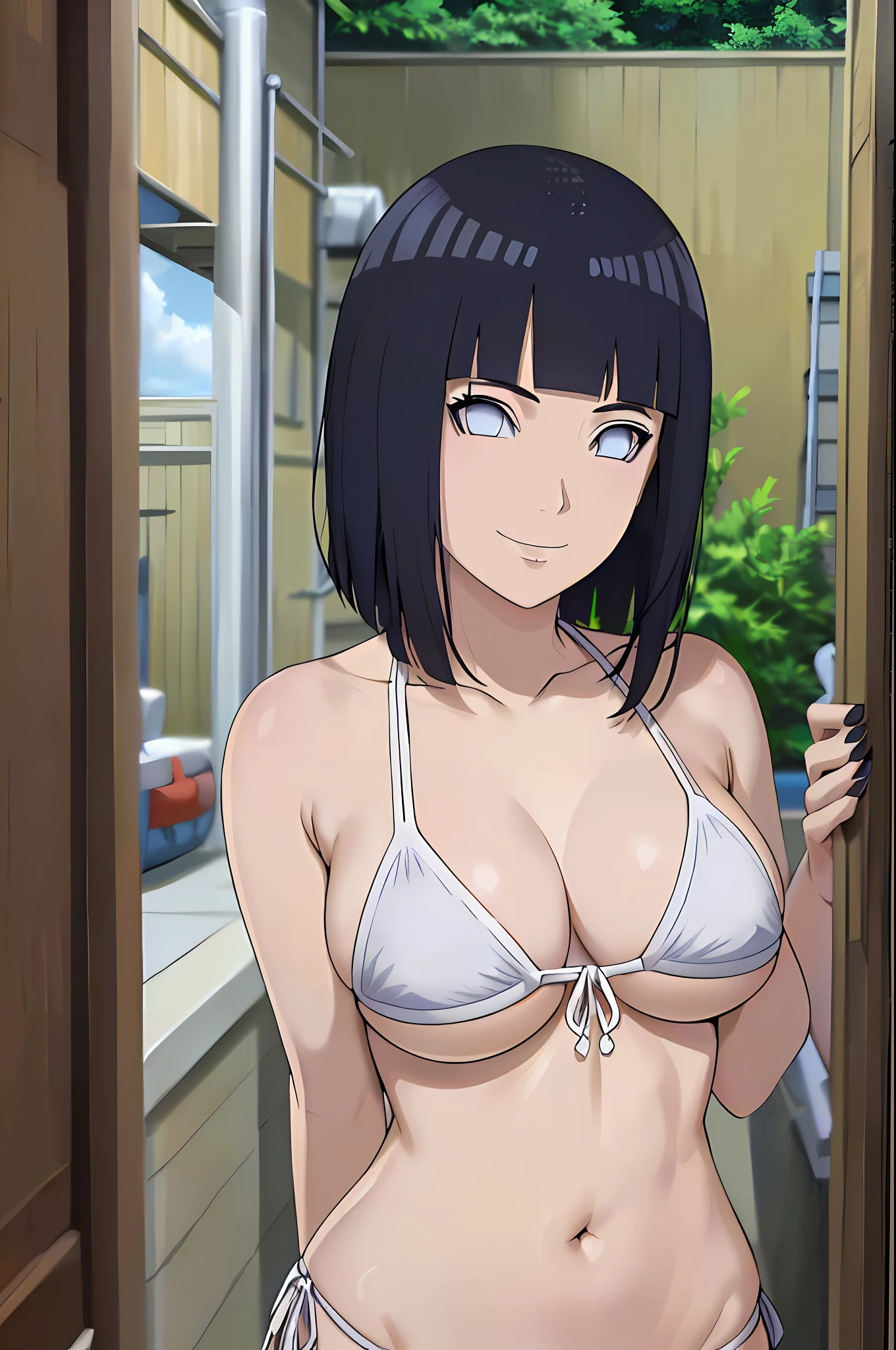 (WALLPAPER, masterpiece, 1k, anime style:1.9, ((inside photo frame), photo, detailed beach background, looking at viewer, big breasts, big boobs, open mouth, high color saturation, bold lines, bold drawing lines, (strong arms, flat belly, groin, hands behind back), detailed bold arm lines), strong arms, strong light on body, plain, bare body, (large breasts, perky boobs), minimum clothing, taking off shirt, bare shoulders, bare chest, polished nails, seductive, (very tight plain white micro bikini), no shirt, showing off), hinata\(boruto\), mature female, sunbathing, milf, (curvy:0.8), solo, (medium hair, hime cut), (dark blue hair color:1.1), white, flat belly, perfect eyes, white sciera, white eyes, anime eyes, smoky eyeliner, eyeshadow, perfect face, shy, sharp focus, professional artwork, intricate details, colorful, vibrant colors, vivid colors, digital blending, ultra detailed body, ultra detail hair, ultra detail face, trending on pixiv, smile, happy, very hot colors, sunny day, outdoor,