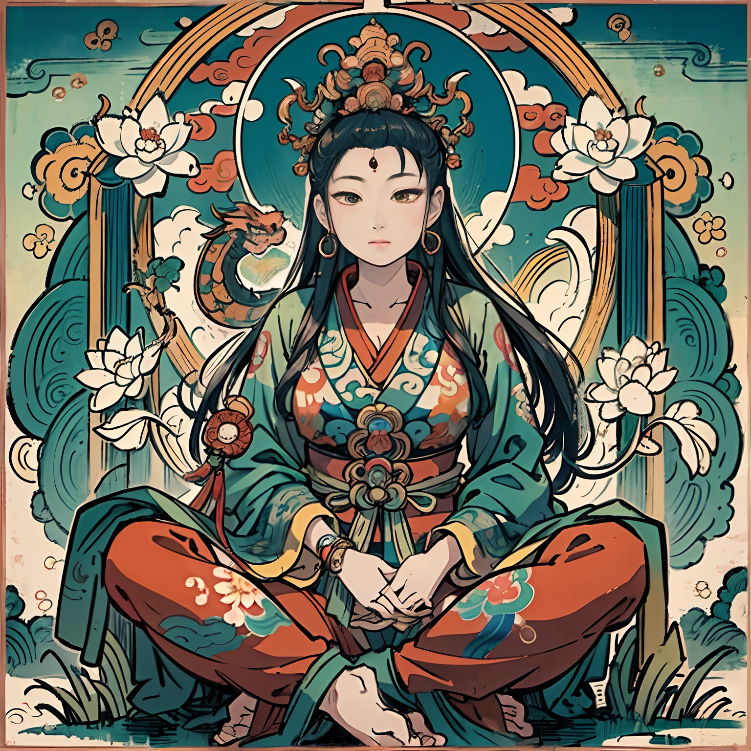 an ancient Chinese goddess, guanyin of the southern seas, Guanyin, Inspired by India, Avalokiteshvara rides a dragon,,Serene expression,shui mo hua,Buddha,Buddhist,Lotus,Chinese painting style,Thangka style