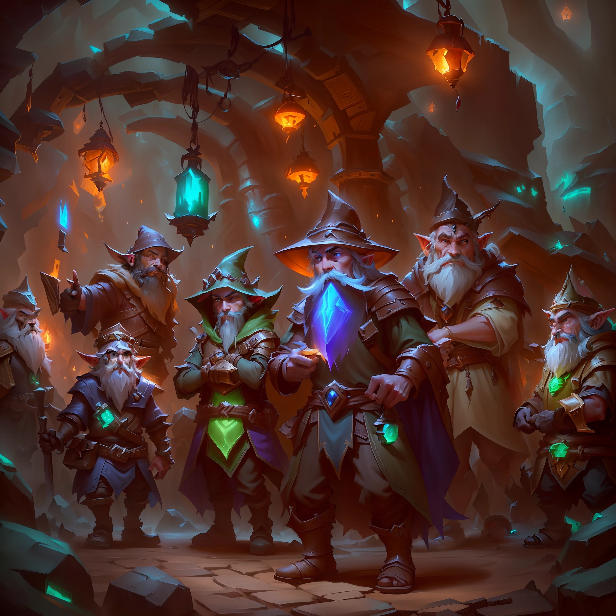 a group of elves standing in a cave with a lantern, fantasy rpg book illustration, hearthstone concept art, hearthstone artwork, hearthstone card game artwork, epic rpg artwork, hearthstone card game artwork. ”, roleplaying game art, mages, hearthstone art, hearthstone card artwork, by Johannes Helgeson, fantasy hearthstone art style, blizzard hearthstone concept art, adventuring party, rpg artwork