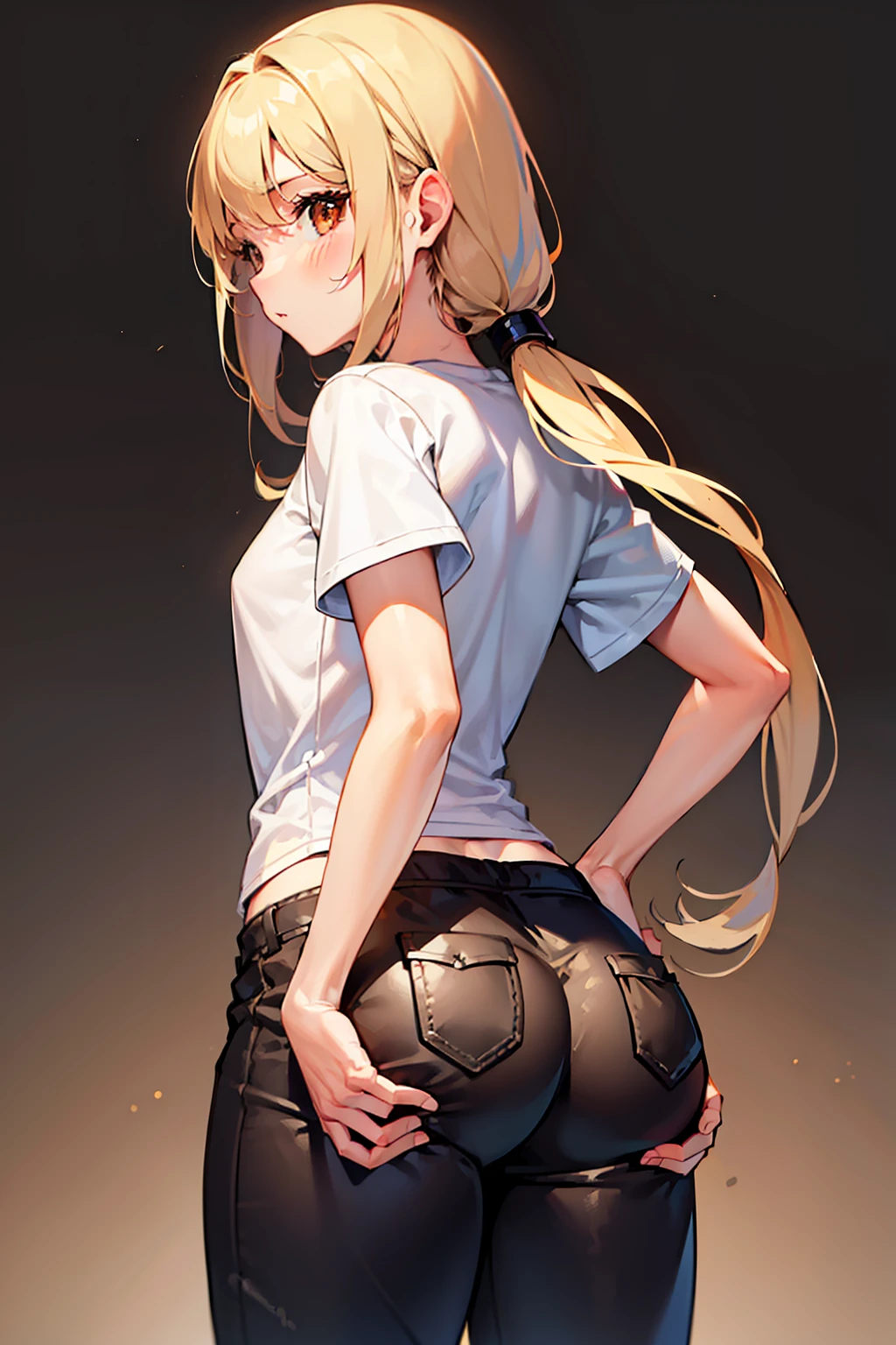 1girl, solo, (average height), (blond hair), ((medium-long hairstyle)), ((brown eyes)), ((tomboy)), (small breasts), (medium ass), ass support, pants,from behind, t-shirt,, masterpiece, best quality, highly detailed