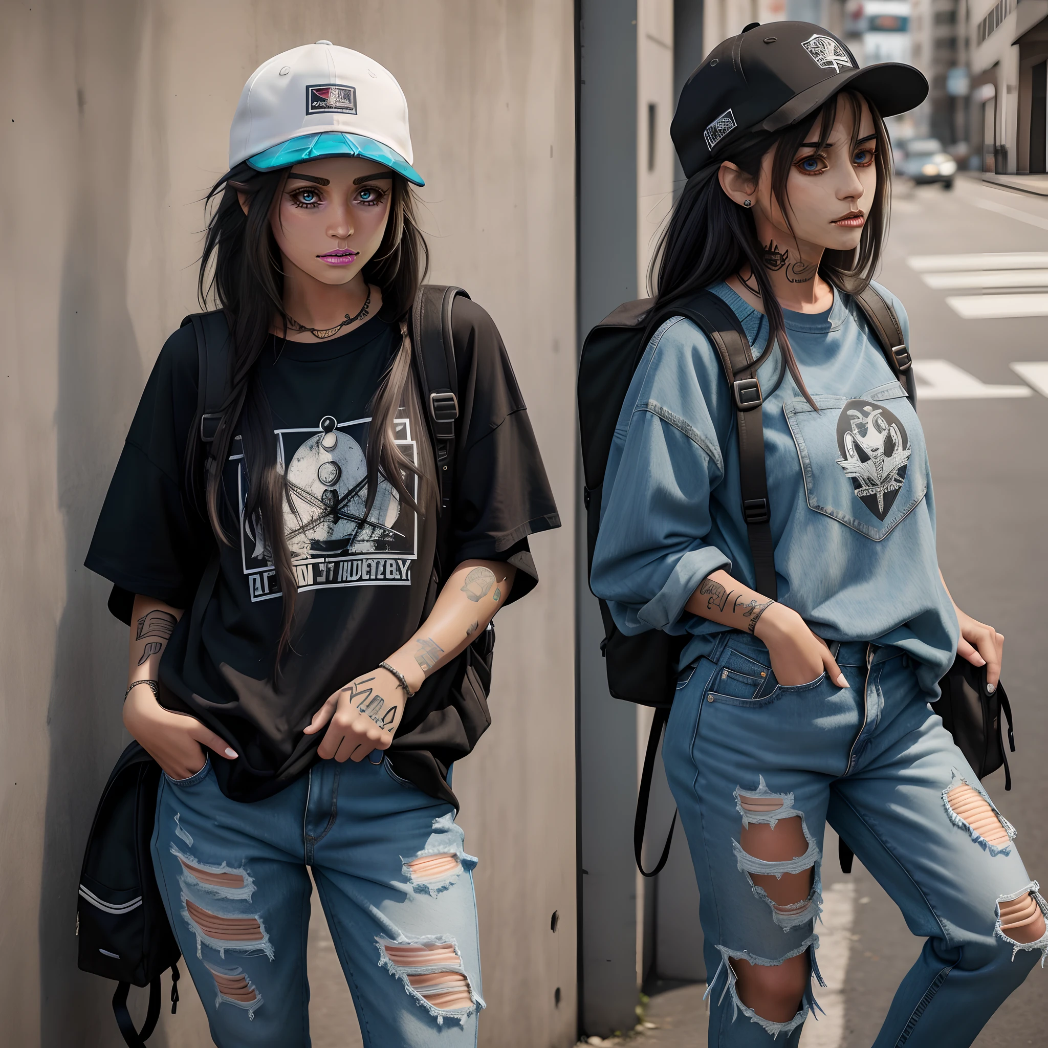 Two women on the edge of a street wearing ripped jeans, japanese streetwear, Cyberpunk Streetwear, usando streetwear cyberpunk, outlive streetwear collection, moda streetwear, 2 mulheres techwear, estilo anime, estilo de roupa casual, roupas de moda de rua, Roupas de rua, mulher no streetwear, Techwear Look e Roupas, roupas de moda cyberpunk, she is wearing streetwear, wearing japanese techwear