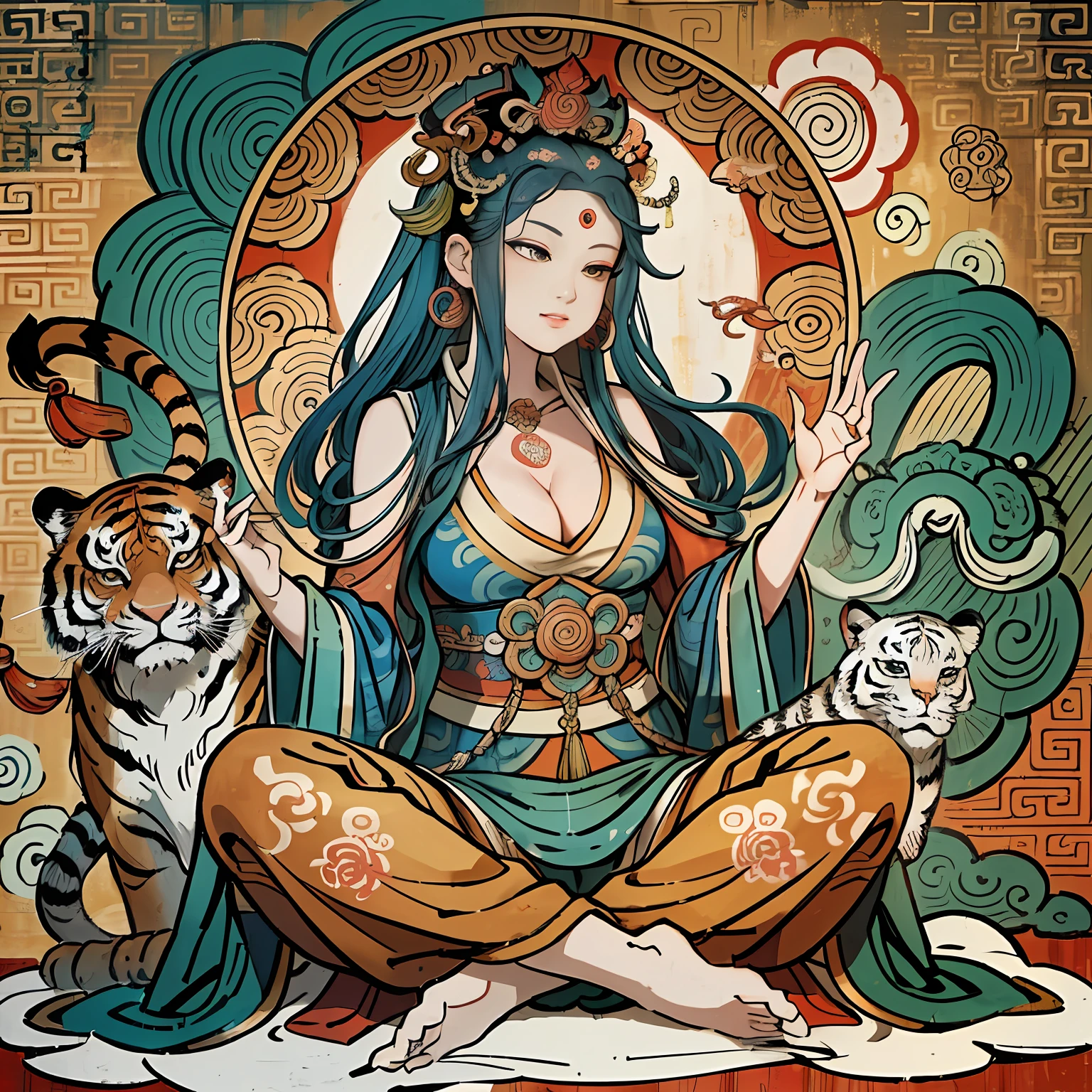 an ancient Chinese goddess, guanyin of the southern seas, Guanyin, Inspired by India, Avalokiteshvara rides a tiger，,Serene expression,shui mo hua,Buddha,Buddhist,Lotus,Chinese painting style,Thangka style