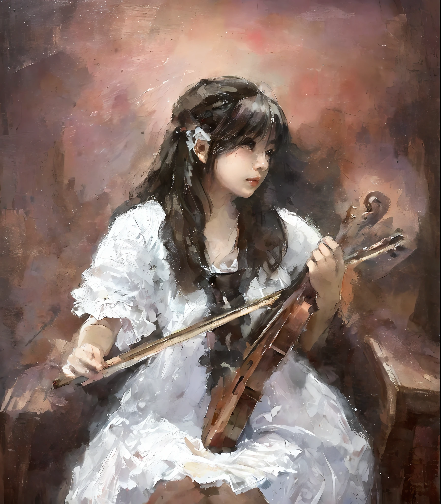 Draw a girl in a white dress playing the violin, inspired by Yeong-Hao Han, makoto oil painting, [ Oil painting ]!!, musician, by Yang J, author：Kim Hwan-ki, by Ni Yuanlu, korean artist, oil on the canvas, Fine art oil painting,
