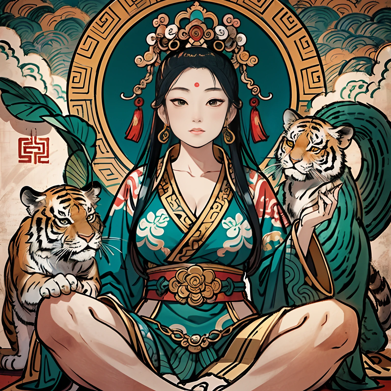 an ancient Chinese goddess, guanyin of the southern seas, Guanyin, Inspired by India, Avalokiteshvara rides a tiger，,Serene expression,shui mo hua,Buddha,Buddhist,Lotus,Chinese painting style,Thangka style, nsfw