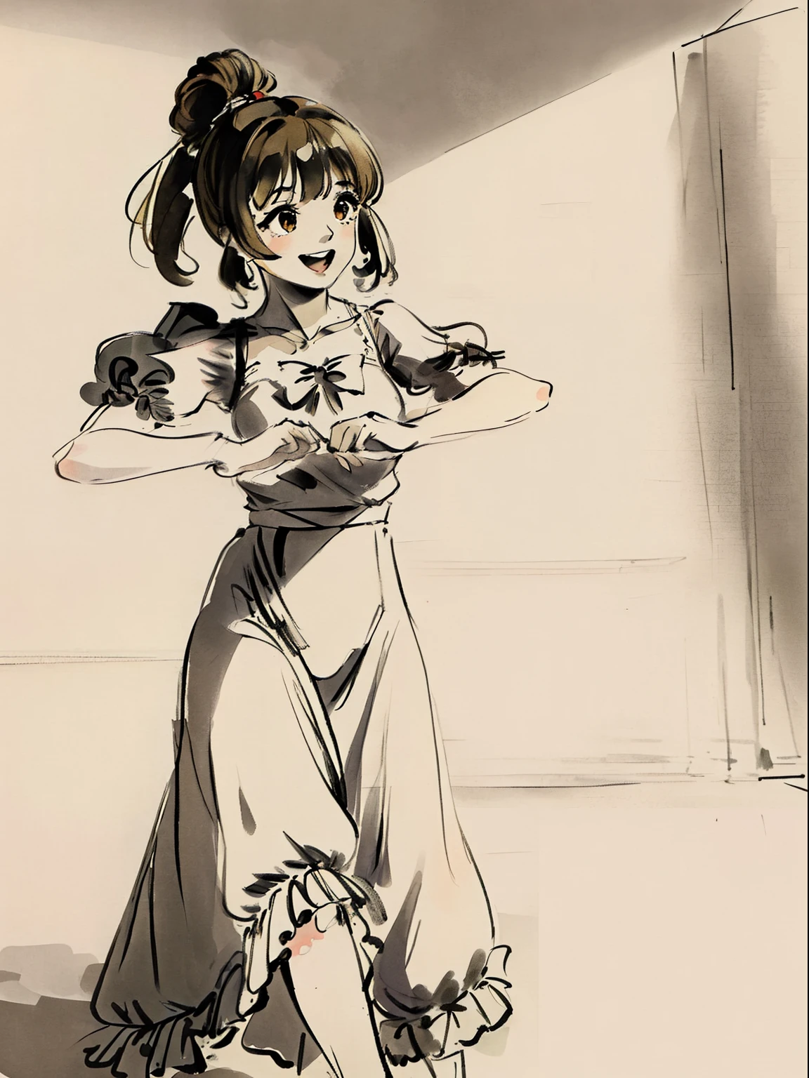 masterpiece,best quality, high resolution, extra detailed, 1girl satou sasara, singing ,smile, dynamic angle, dance studio,upper body