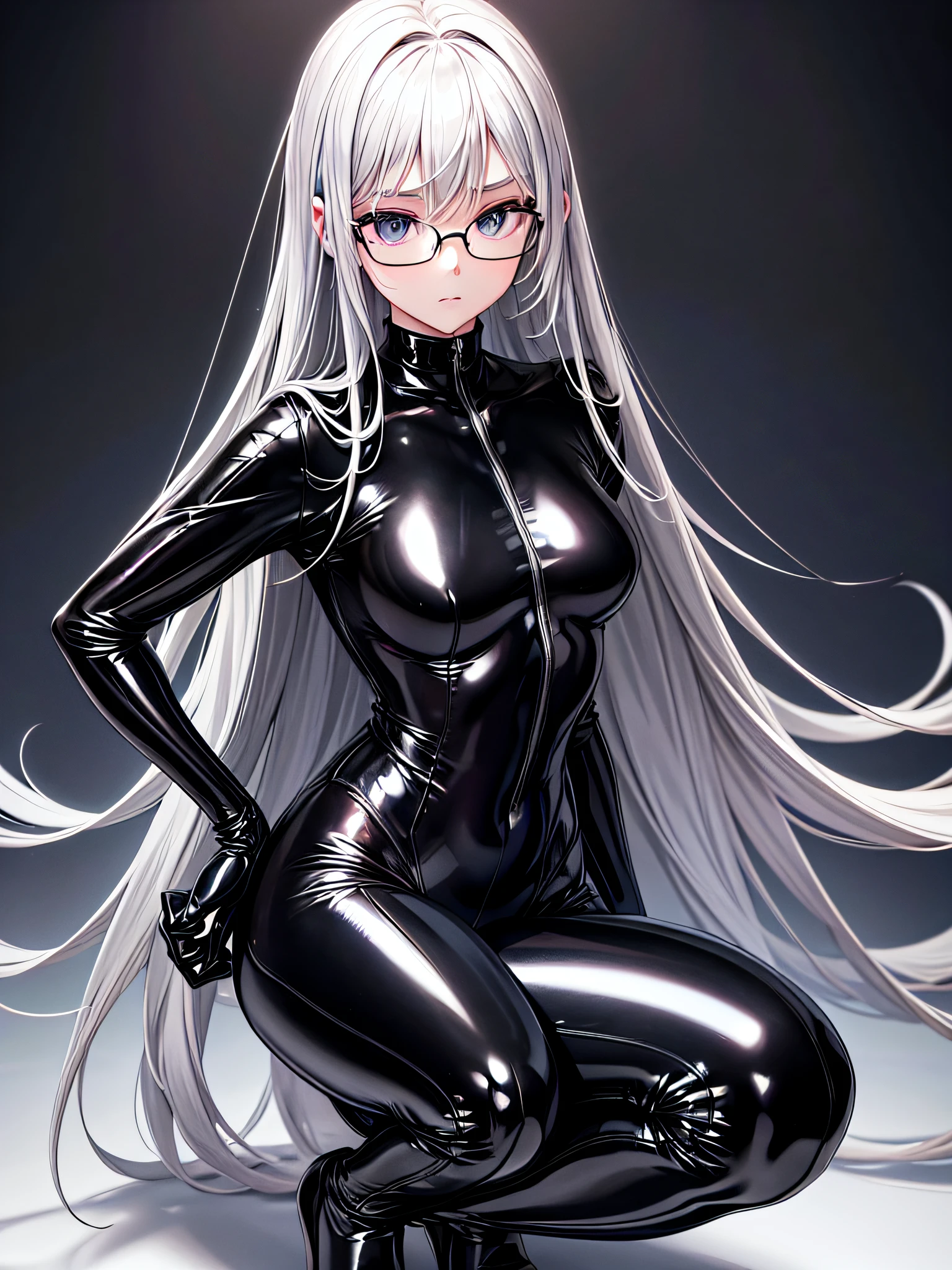 5 8K UHD、Silver-haired and small-nosed beauty in a black shiny black full-body rider suit wearing glasses squatting with her crotch wide open、Wearing a shiny black latex slider suit with hidden skin、Shiny black latex slider suit、Small-nosed beauty looking down expressionless