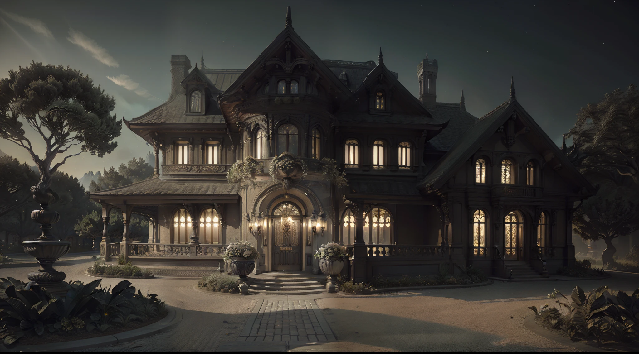 "picturesque art nouveau city residence, breathtaking town architecture, landscaped front yard: (fountain::0.9), flowers and bushes, entryway front of the house, enchanting magical fantasy ambiance, (masterpiece), (best quality), (ultra-detailed) beautiful surroundings, flowers and trees, detailed and intricate, elegant, ornate, hyper realistic, Cinematic Lighting, scenery, octane render"