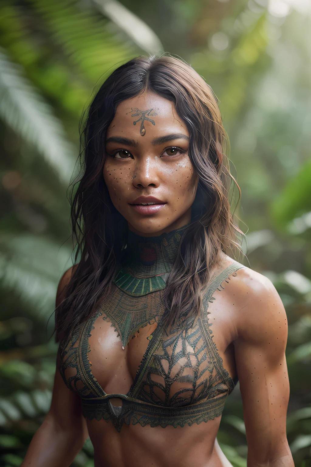 beautiful young indigenous brazilian woman, dark green armor, running in a rainforest, (RAW, analog, Nikon Z 85mm, award winning glamour photograph, ((best quality)), ((masterpiece)), ((realistic)), radiant light rays, highres, detailed facial features, high detail, sharp focus, smooth, aesthetic, extremely detailed, extremely detailed eyes, extremely detailed body, extremely detailed skin, extremely detailed clothes, octane render, photo_\(ultra\), photorealistic, realistic, post-processing, max detail, realistic shadows, roughness, natural skin texture, real life, ultra realistic, photorealism, photography, 8k uhd, photography, hdr, intricate, elegant, highly detailed, sharp focus, radiant light rays), ((Dystopian, [sci-fi], High Detail RAW color Photo, Full Shot, outdoors), toned physique, perfect face, (detailed skin, diffused skin pores), metal, (highly detailed, fine details, intricate), (lens flare:0.5), (bloom:0.5), smog, dust, (badlands:0.8), (observitory:0.7), raytracing, specular lighting, shallow depth of field, photographed on a Sony Alpha 1, EF 85mm lens, f/2.8, hard focus, smooth, cinematic film still)