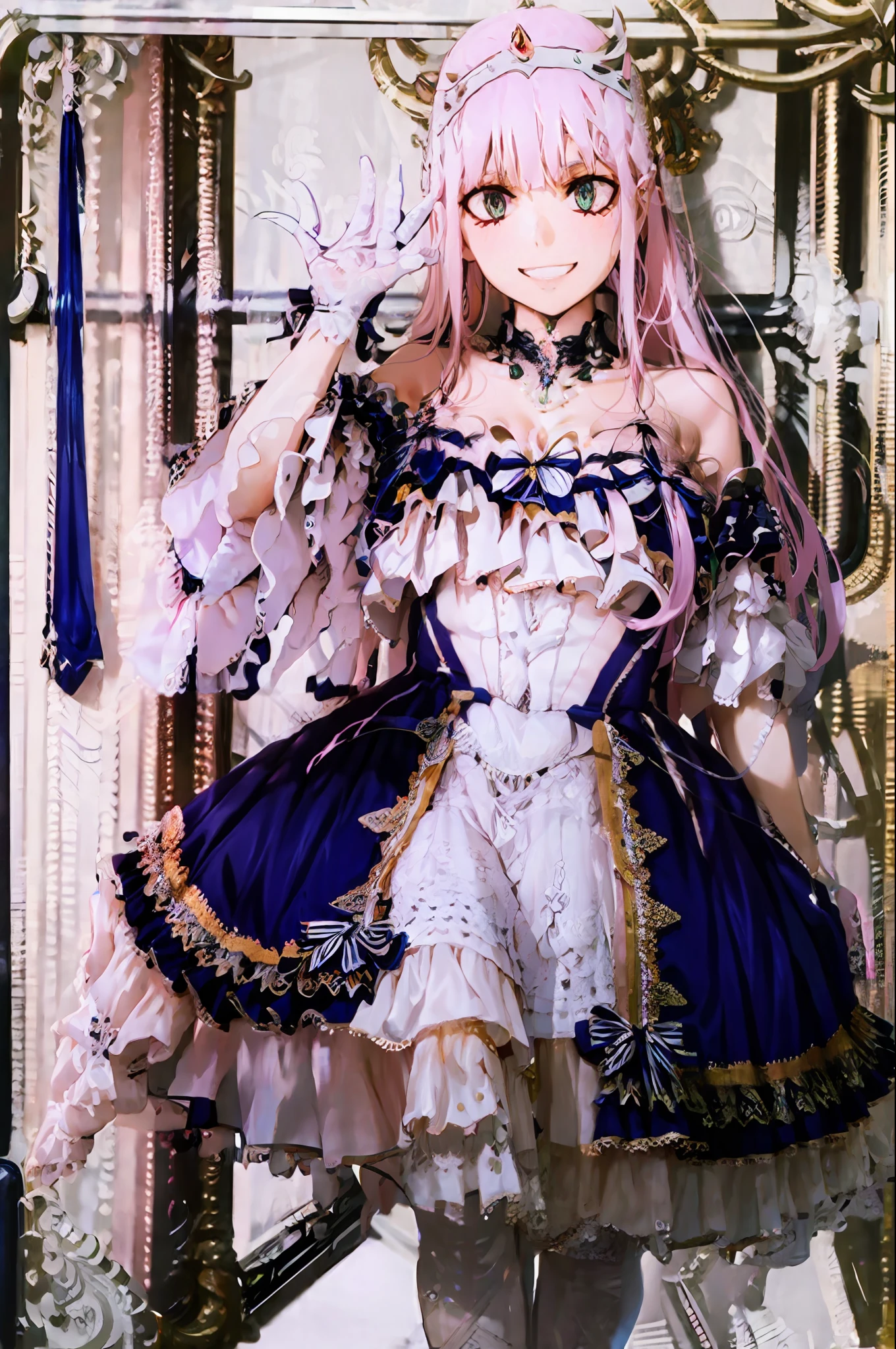 masterpiece, best quality, 1girl, looking at viewer, cute, beach, sunlight, ocean, medium breasts, thighhighs, black thighhighs, green eyes, zero two \(darling in the franxx\), pink hair, beautiful detailed eyes, beautiful detailed glow, lots of glow, arms behind head, embarrassed,, long dress, walking, long skirt, modest, victorian clothing, lodress, pants, smile