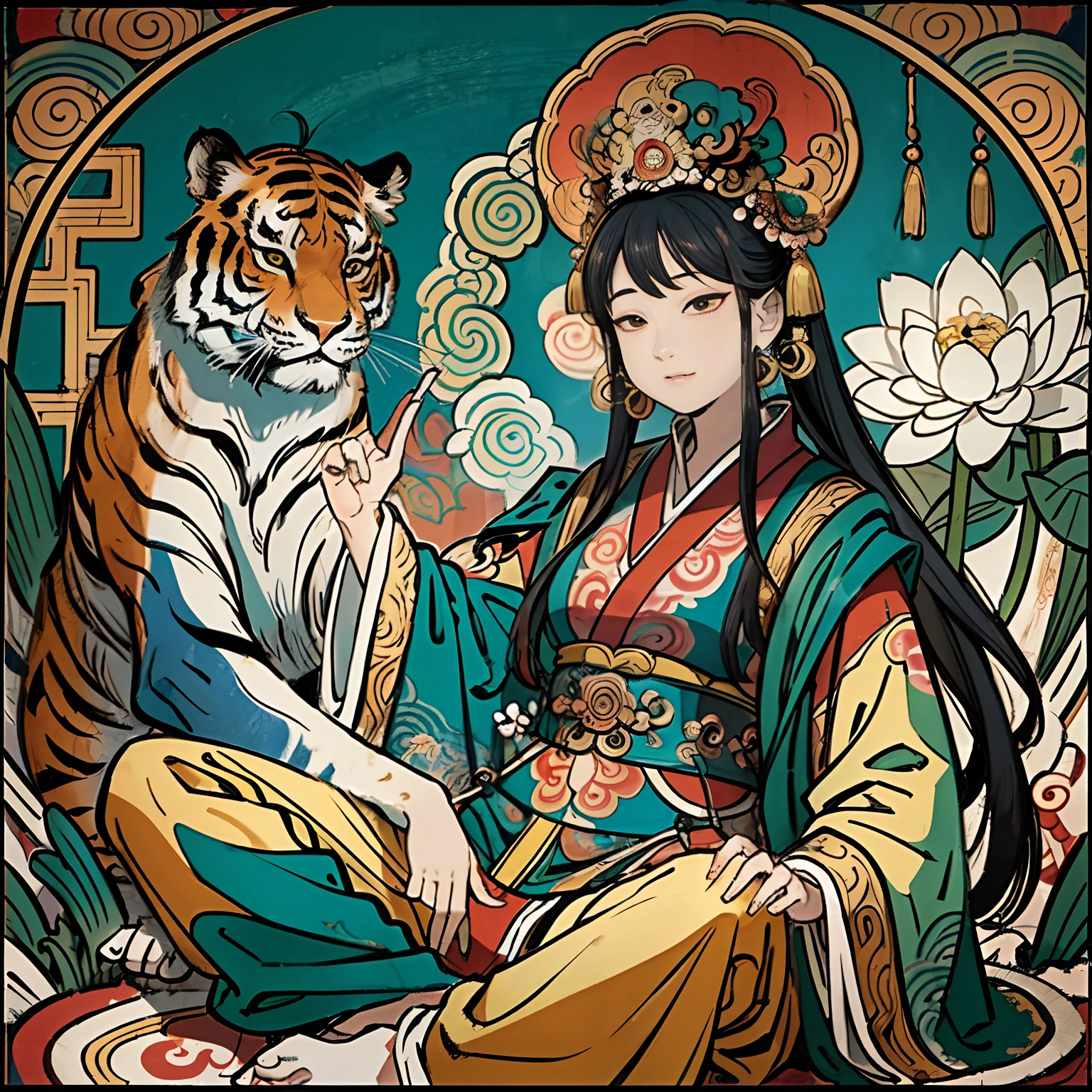 an ancient Chinese goddess, guanyin of the southern seas, Guanyin, Inspired by India, Avalokiteshvara rides a tiger,,Serene expression,shui mo hua,Buddha,Buddhist,Lotus,Chinese painting style,Thangka style