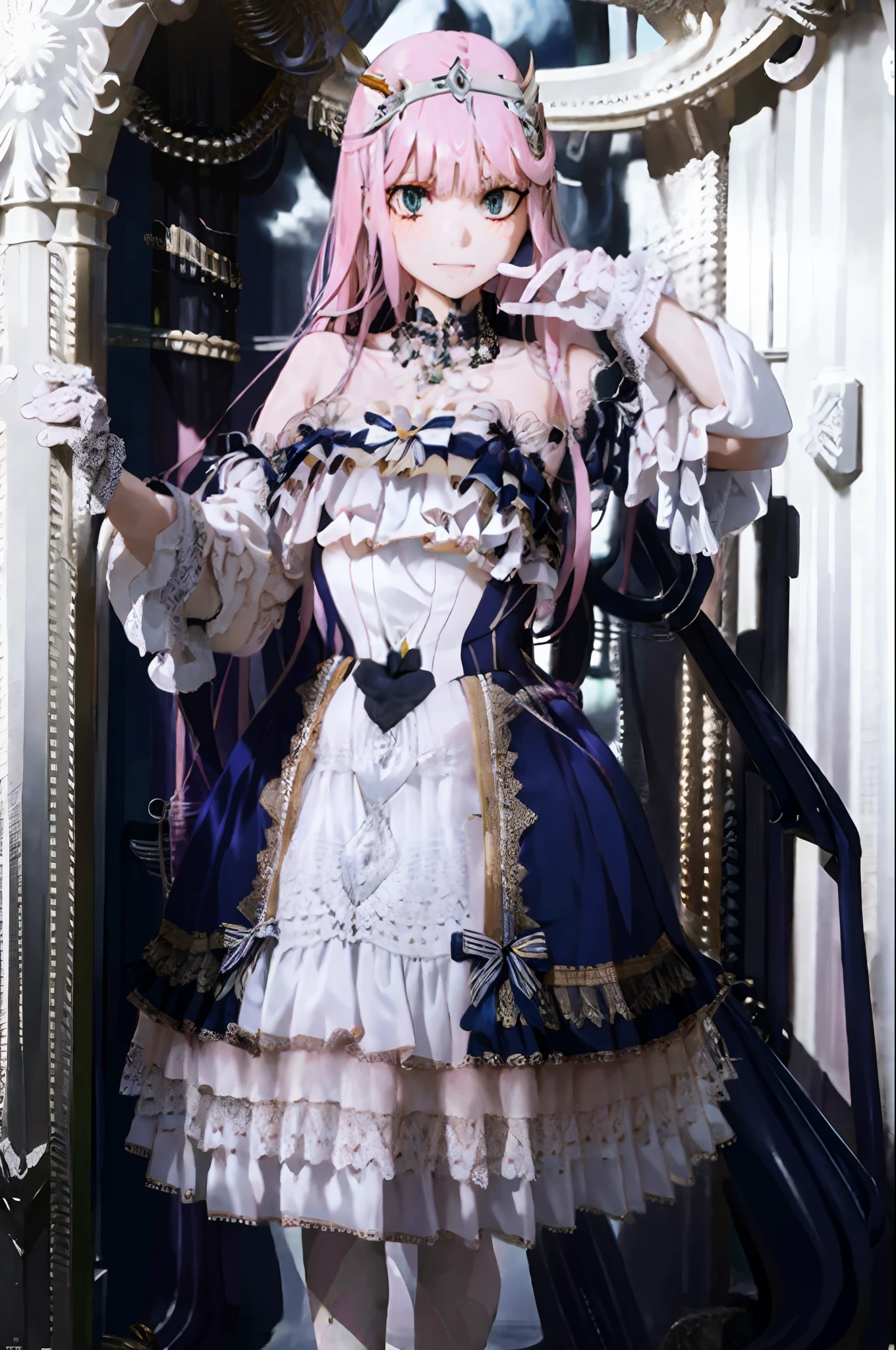 masterpiece, best quality, 1girl, looking at viewer, cute, beach, sunlight, ocean, medium breasts, thighhighs, black thighhighs, green eyes, zero two \(darling in the franxx\), pink hair, beautiful detailed eyes, beautiful detailed glow, lots of glow, arms behind head, embarrassed,, long dress, walking, long skirt, modest, victorian clothing, lodress